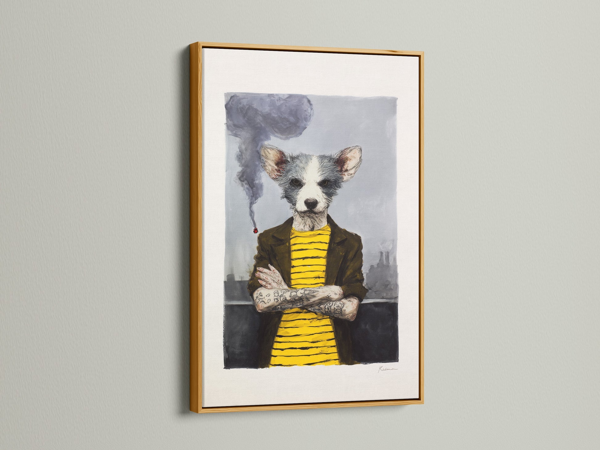 A gold frame adds a touch of luxury to this quirky dog portrait art. The anthropomorphic animal canvas print brings a regal feel to your space. This whimsical wall art is perfect for adding a unique accent. Itโs ideal for eclectic home art and modern pet art enthusiasts. The primary color is yellow and secondary color is grey.