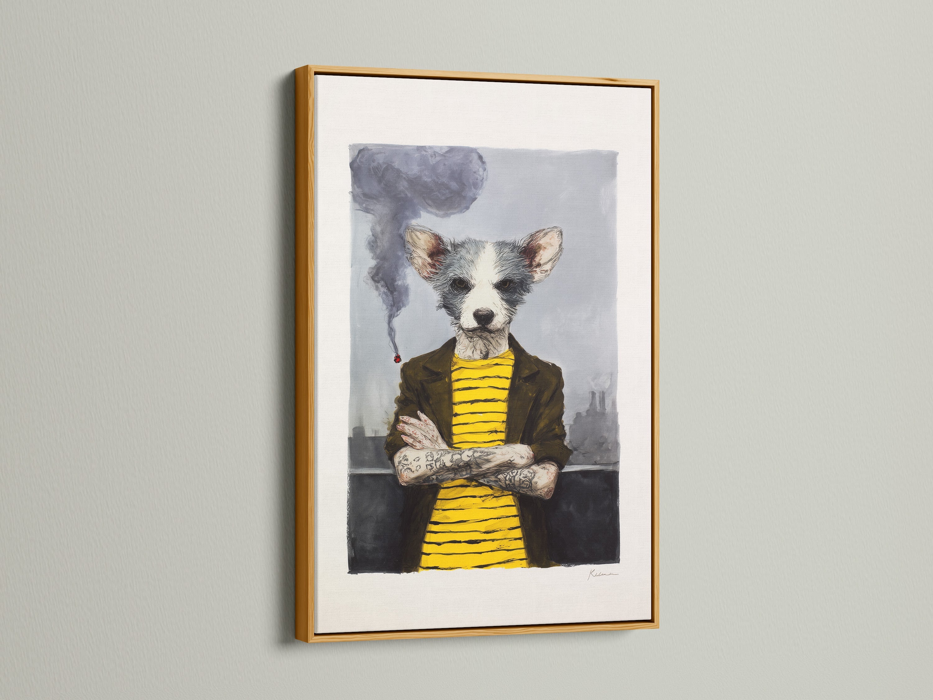 A gold frame adds a touch of luxury to this quirky dog portrait art. The anthropomorphic animal canvas print brings a regal feel to your space. This whimsical wall art is perfect for adding a unique accent. It’s ideal for eclectic home art and modern pet art enthusiasts. The primary color is yellow and secondary color is grey.