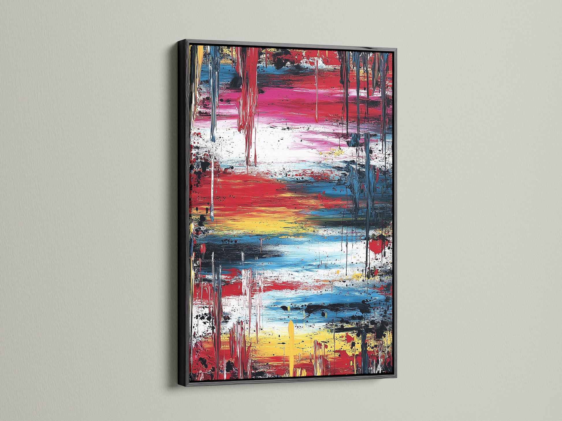 Bold abstract expressionist art with striking paint strokes in a classic black frame. The artwork combines red blue and yellow for a modern colorful statement. Enhance your interior with this contemporary piece. Ideal for offices and living spaces.