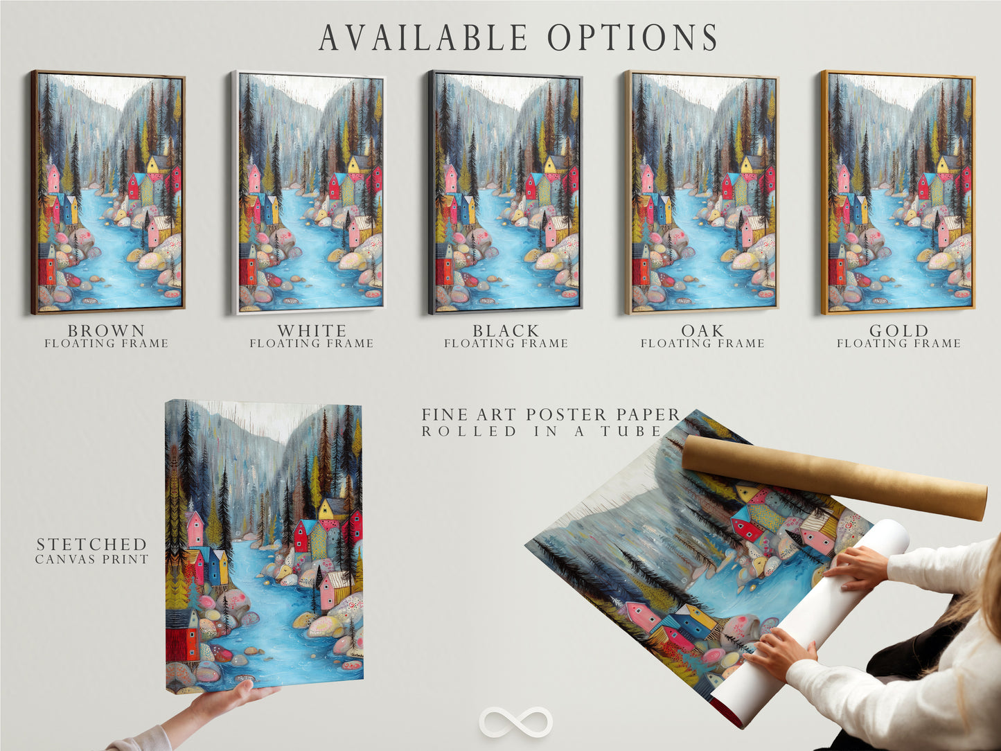 Explore available options for the Village River artwork. Choose from a stretched canvas print. Select a fine art poster paper or a floating frame. Find the perfect format to suit your style and space. Personalize your artwork to match your unique taste.