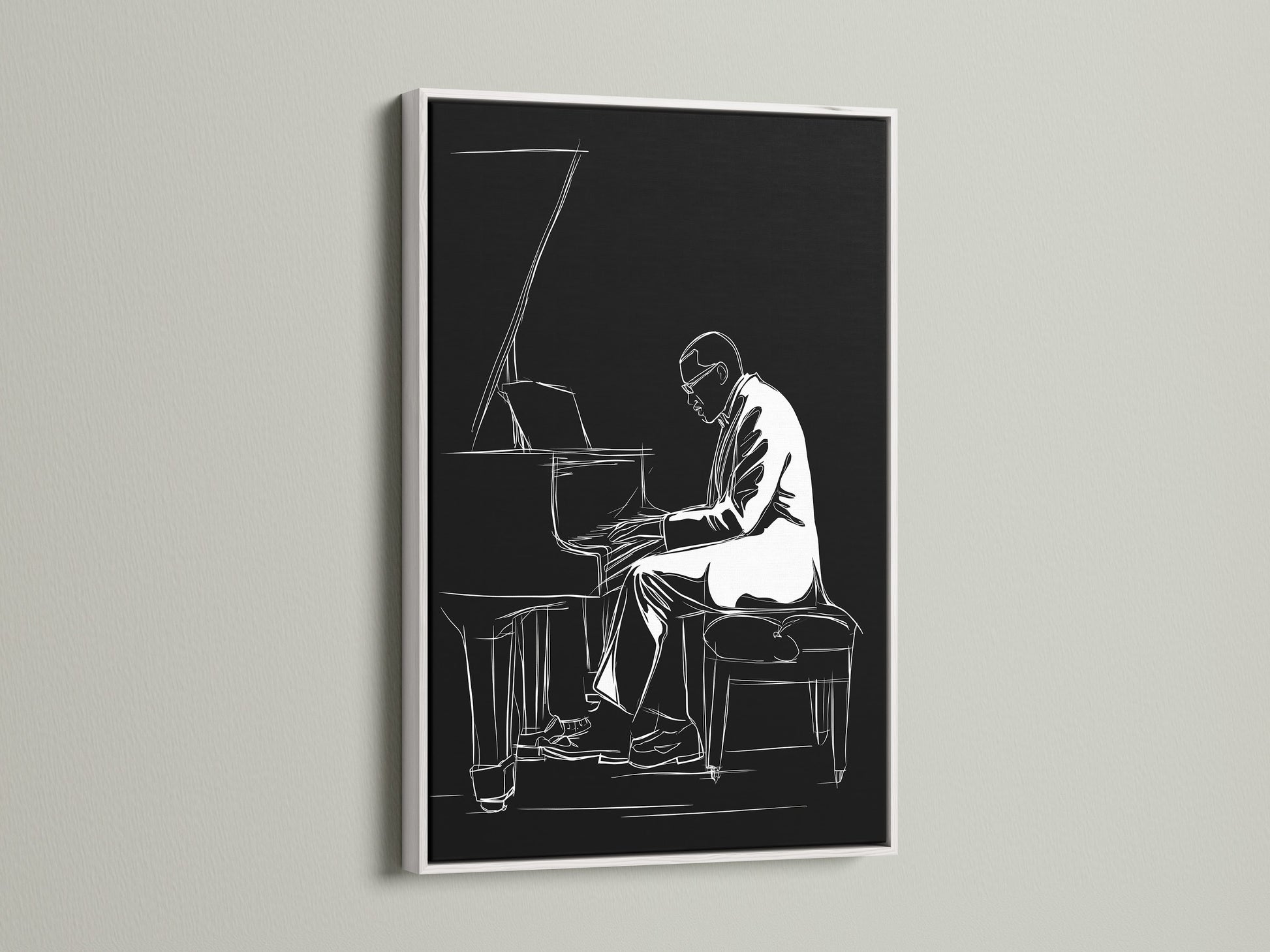 Black and White Jazz Piano artwork showcased in a white frame. A simple yet elegant piece of minimalist music artwork. Ideal for music room decor and contemporary wall decor. The white frame adds a clean touch. It's a beautiful piano player print.