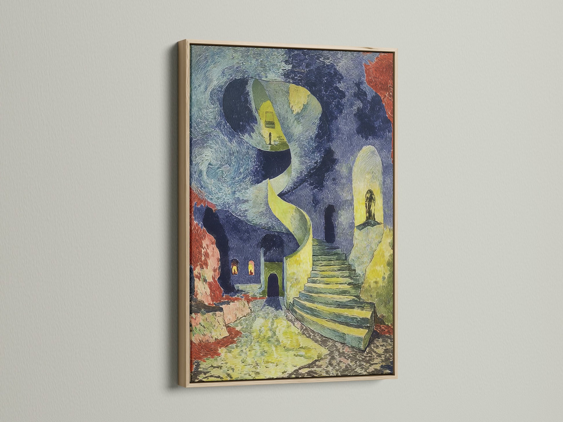 This oak frame enhances the surreal staircase art print. The artwork embodies a Van Gogh style. It's a dreamlike architectural poster. The art nouveau style is prominent with blue and yellow hues. Ideal for those seeking modern surrealism. This piece is perfect for adding artistic flair to any space. Consider it for your bedroom decor.