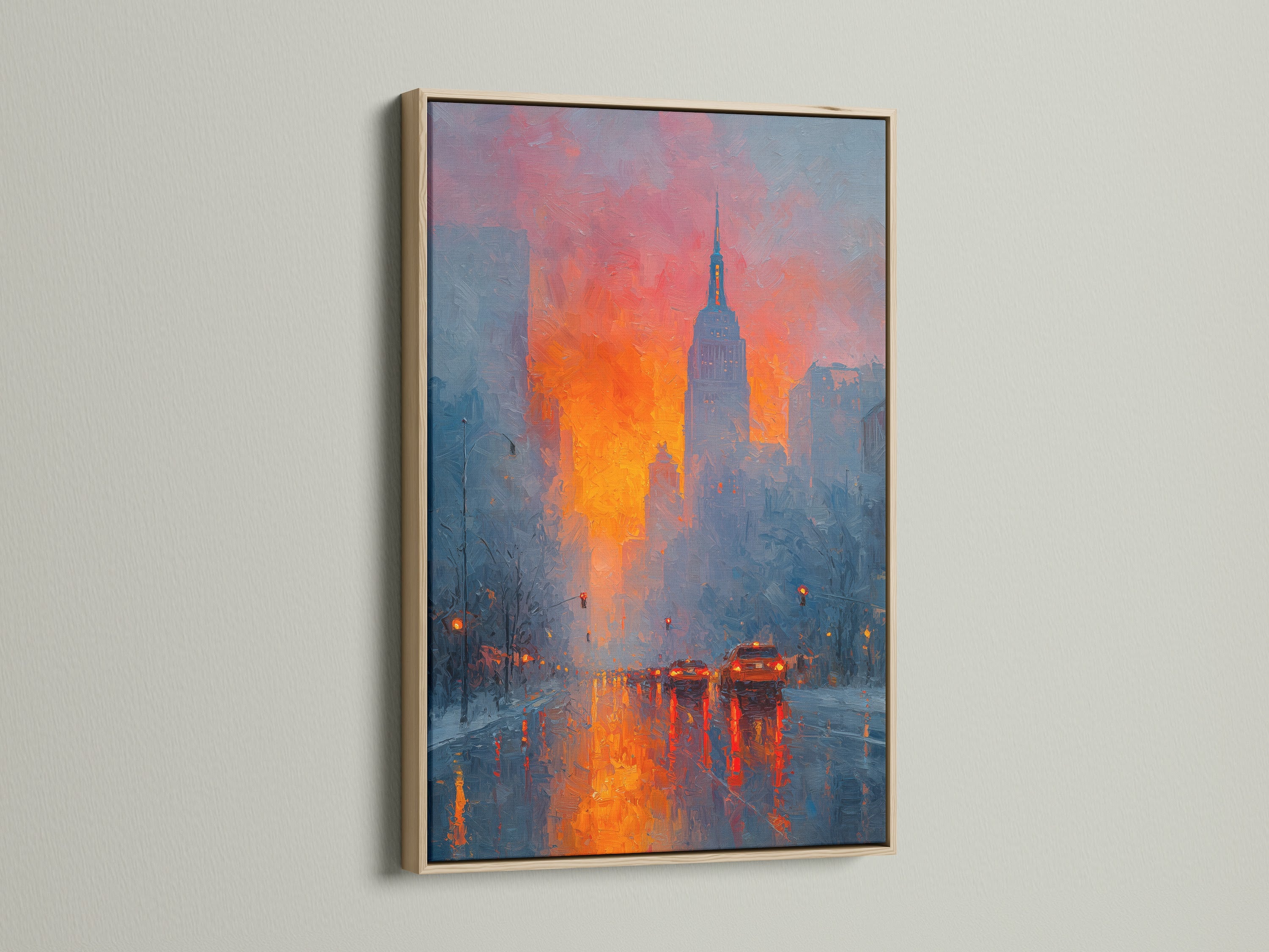 View the New York City canvas print displayed in an oak frame. The warm tones of the sunset skyline art are beautifully complemented. This cityscape artwork brings urban life to your living space. A sophisticated choice for modern painting enthusiasts.