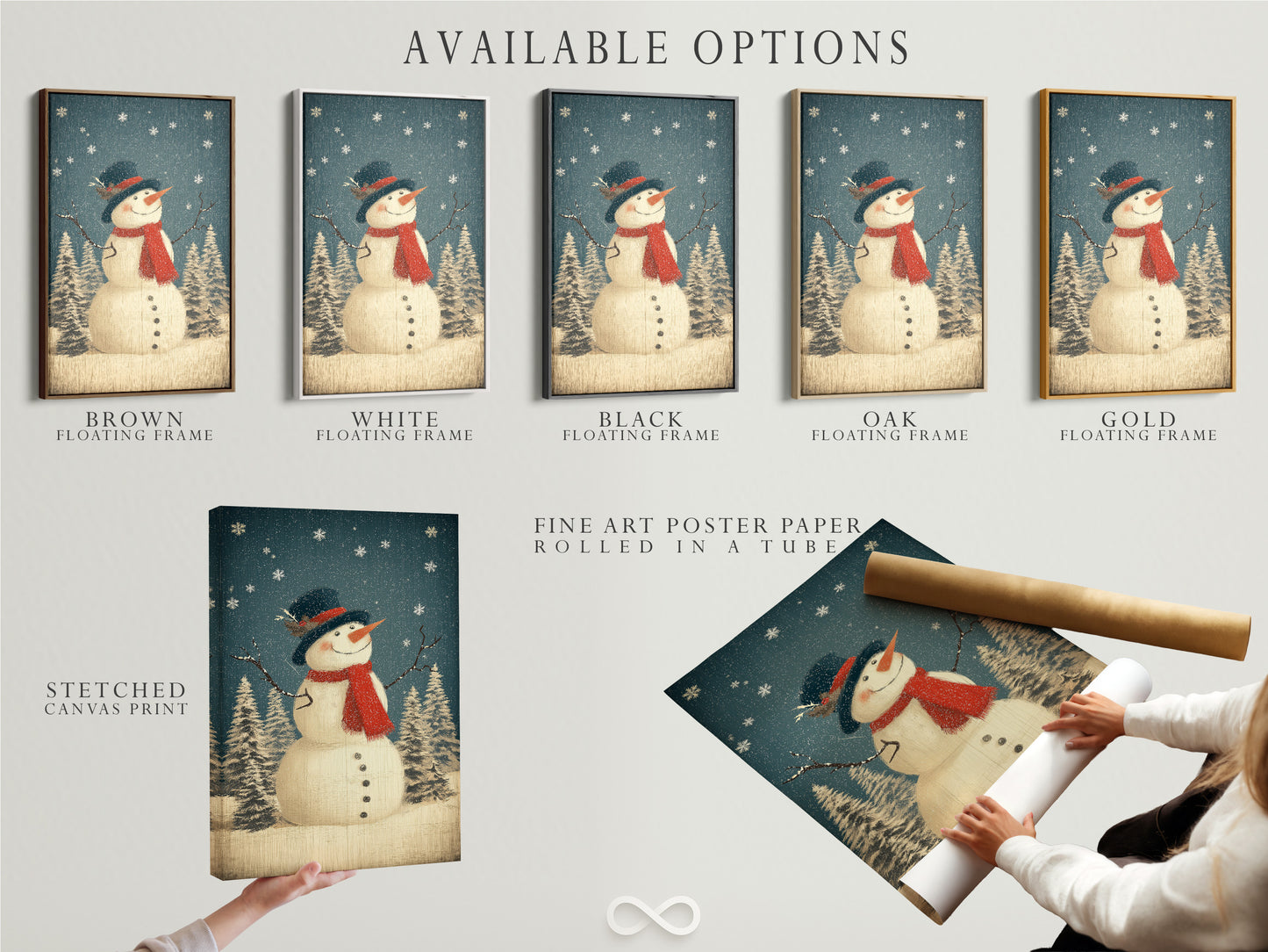 Available options include stretched canvas print fine art poster paper and floating frame. Snowman art is versatile. Choose the best format for your winter canvas print. Perfect for rustic holiday decor.