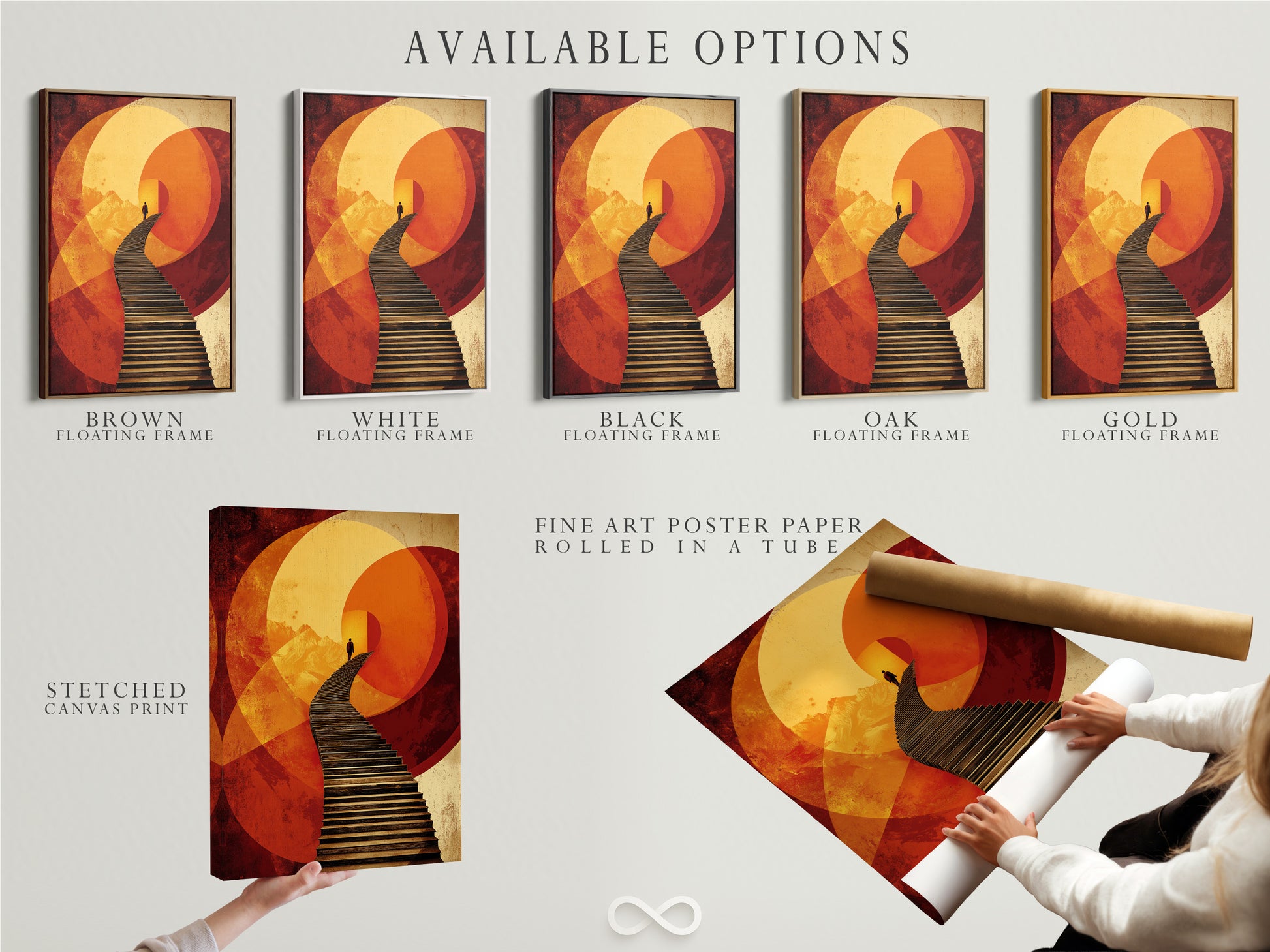 Explore available options for the surreal stairway artwork. Choose from a stretched canvas print fine art poster paper or floating frame. The abstract figure wall art enhances any space. Geometric sunset poster adds style.