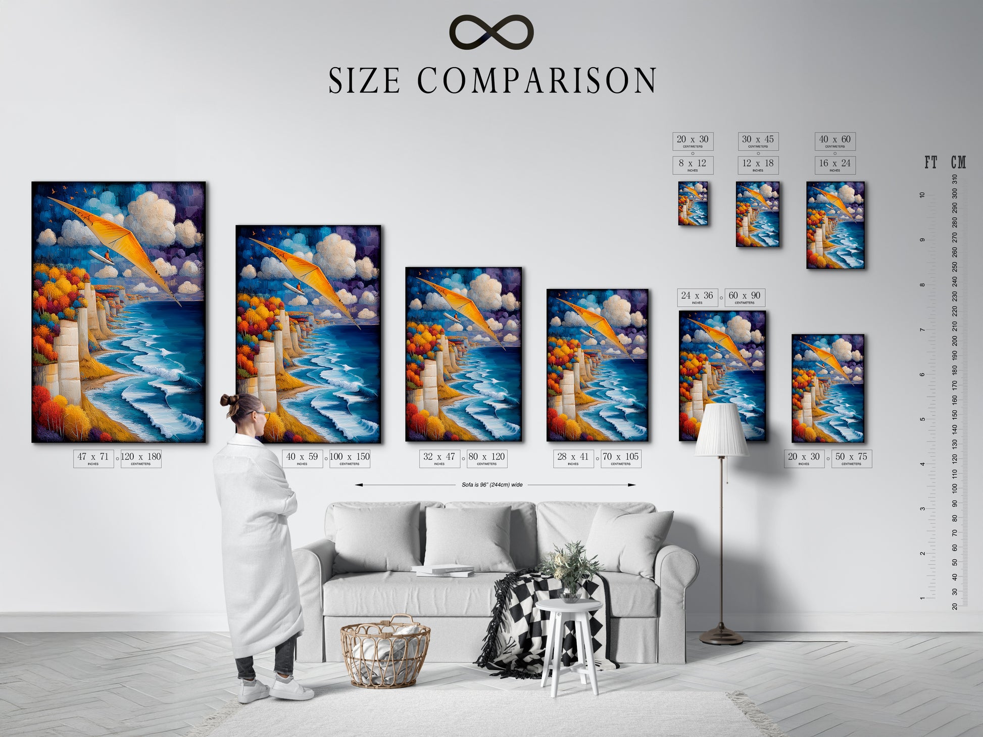 Size comparison chart in an interior setting. See how our aviation artwork fits your space. Coastal cliff wall art in various sizes. The art shows a seascape with a blue ocean. Find the perfect adventure print for your home. Perfect for travel themed spaces. Transform your decor today.