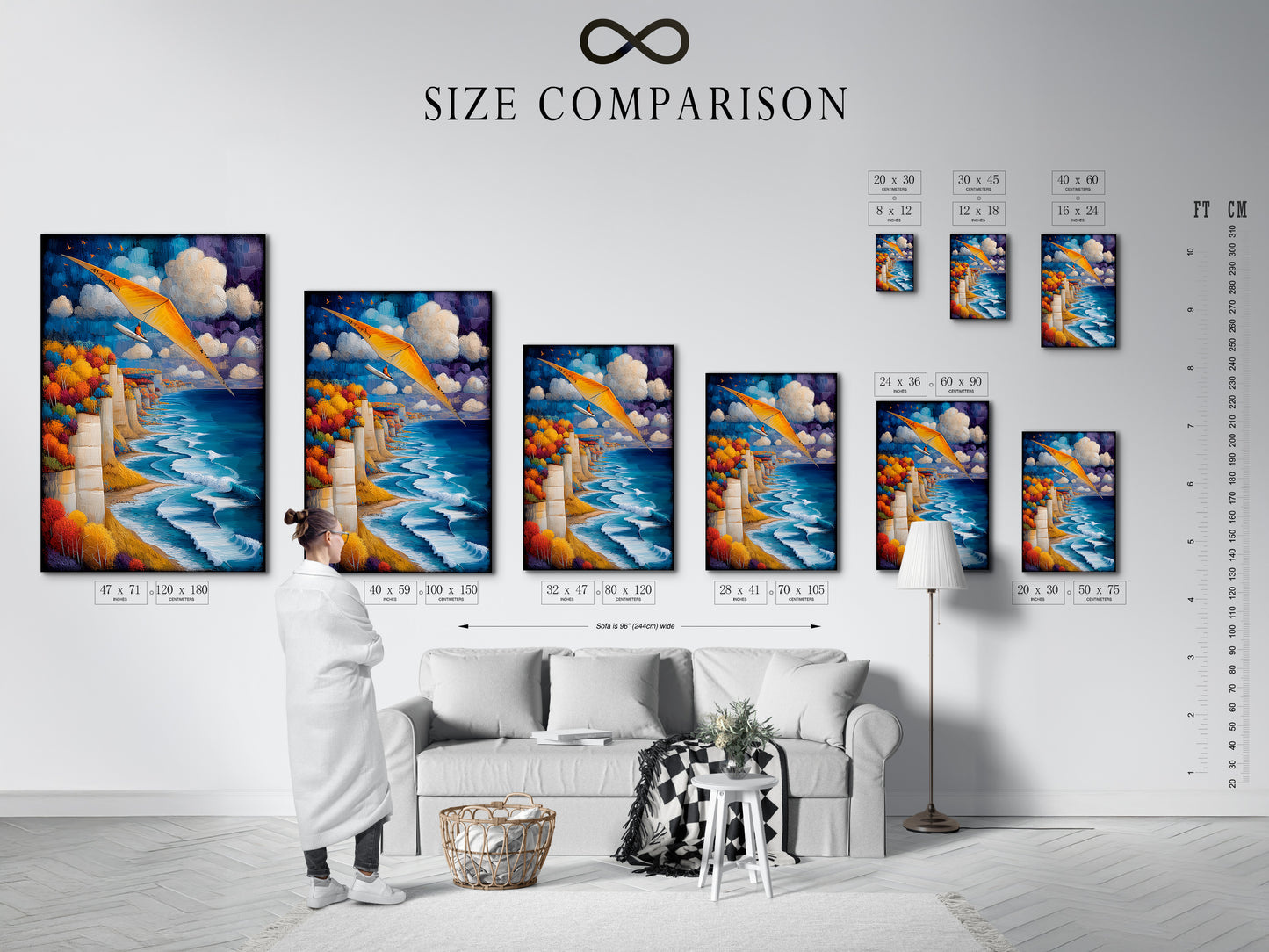 Size comparison chart in an interior setting. See how our aviation artwork fits your space. Coastal cliff wall art in various sizes. The art shows a seascape with a blue ocean. Find the perfect adventure print for your home. Perfect for travel themed spaces. Transform your decor today.