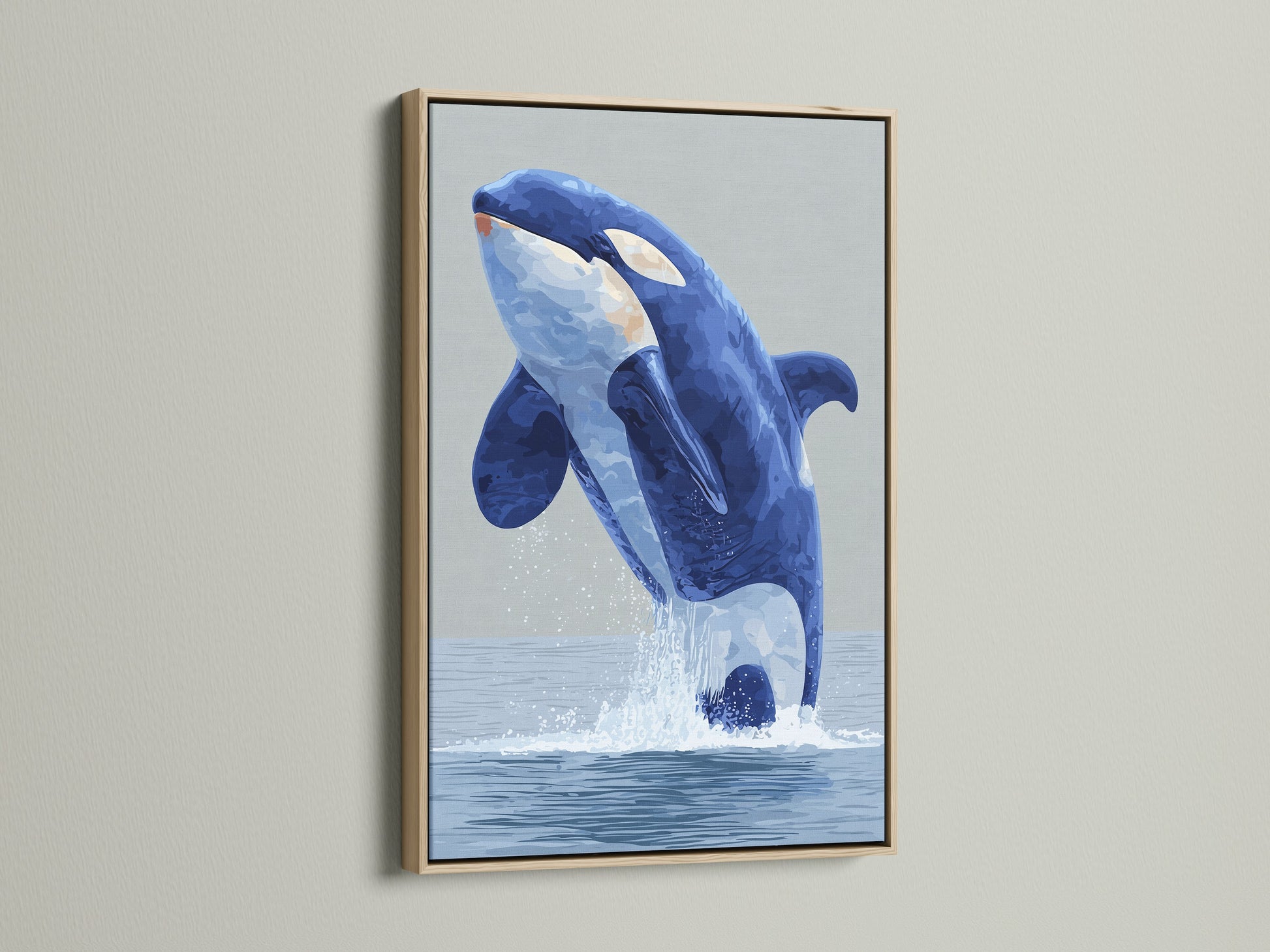 Enhance your home with our Orca Whale canvas print. This captivating oak frame art features a majestic blue whale. It will bring a touch of the ocean to any room. Ideal for coastal wall decor. Explore our marine animal artwork. It is perfect for creating a serene and stylish atmosphere. Shop now and dive into our collection.