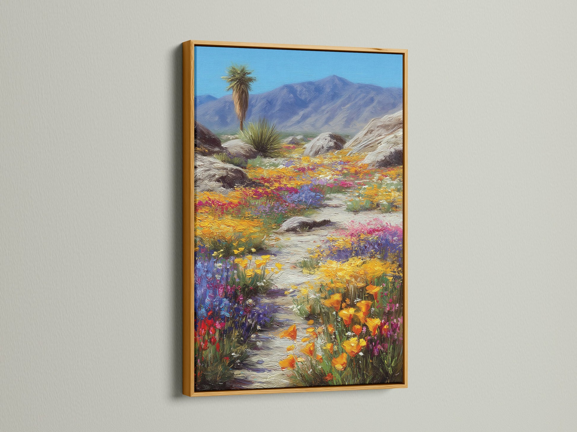 The gold frame adds elegance to the desert wildflower artwork. This colorful landscape print exudes sophistication. The gold frame enhances the floral canvas art. It is perfect for adding a touch of luxury to your Southwest decor. Consider this desert landscape art.
