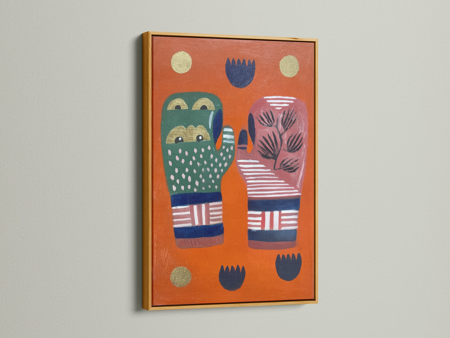 A gold frame highlights the abstract hands artwork. The colorful graphic print showcases modern folk art. The gold frame adds a touch of elegance. This vibrant art is perfect for living rooms studios and lobbies. It complements eclectic modern and artistic decor styles. The artwork is a unique statement piece.
