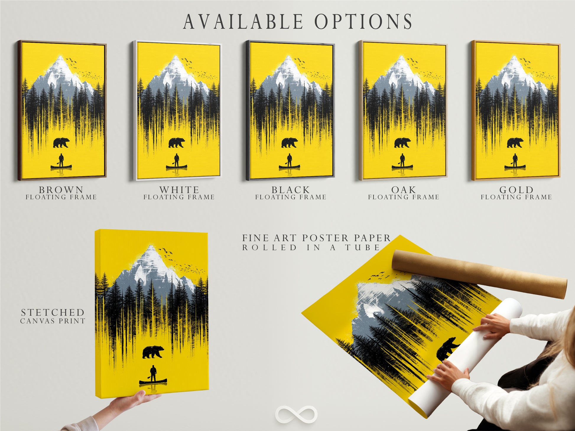 Available options for the Mountain Bear artwork: stretched canvas print fine art poster paper and floating frame. Choose the perfect style for your space. This yellow landscape art can be customized to your taste.