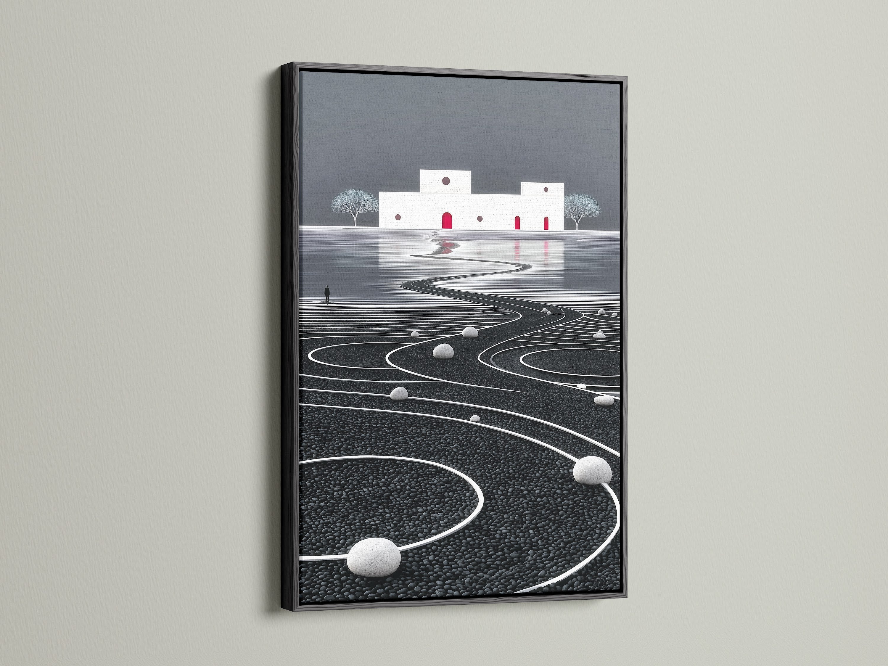 This is a striking black frame enhancing a surreal artwork. The abstract architecture creates a minimalist zen wall decor. This contemporary print is ideal for office wall art. It brings a modern touch to any space.