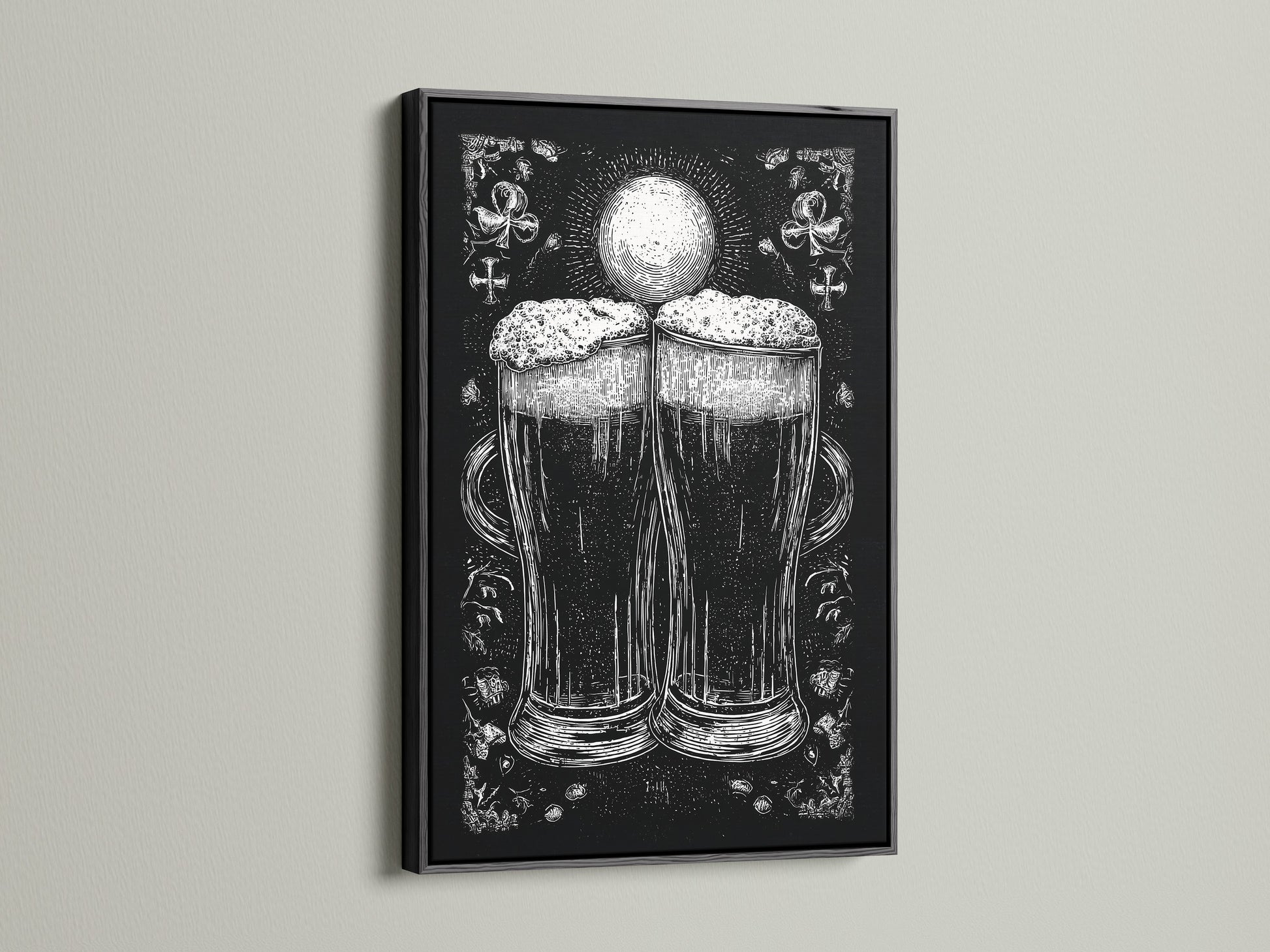 A framed artwork is on display. The art is in a black frame. The artwork features a monochromatic illustration of two beer glasses. The beer glasses are the focal point. The print adds a touch of elegance to any room.  The black frame offers a bold touch.