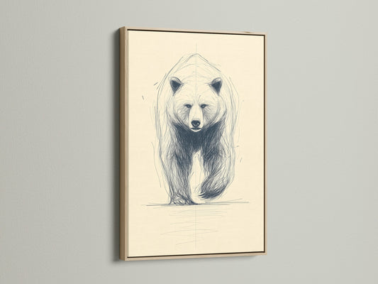 Framed bear art print. This oak frame enhances the minimalist wildlife sketch. Ideal for adding a touch of nature to your living space. The animal drawing complements rustic and primitive styles. It's perfect for creating a cozy cabin feel.