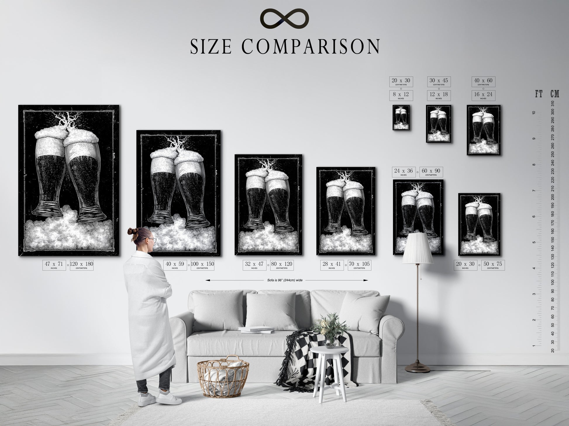 Size comparison chart in interior setting. The chart shows various sizes of artwork on a wall. Helping you visualize the perfect fit for your space. See how different sizes can transform a room. Use our chart to make an informed decision. Choose the ideal artwork size for your needs.