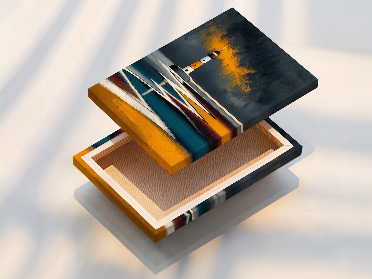 A stretched Lighthouse coastal art canvas print. The canvas provides a gallery-quality look. This abstract nautical artwork is perfect for modern wall decor. Add a calming sea landscape to your living room bedroom or office with this stunning canvas.