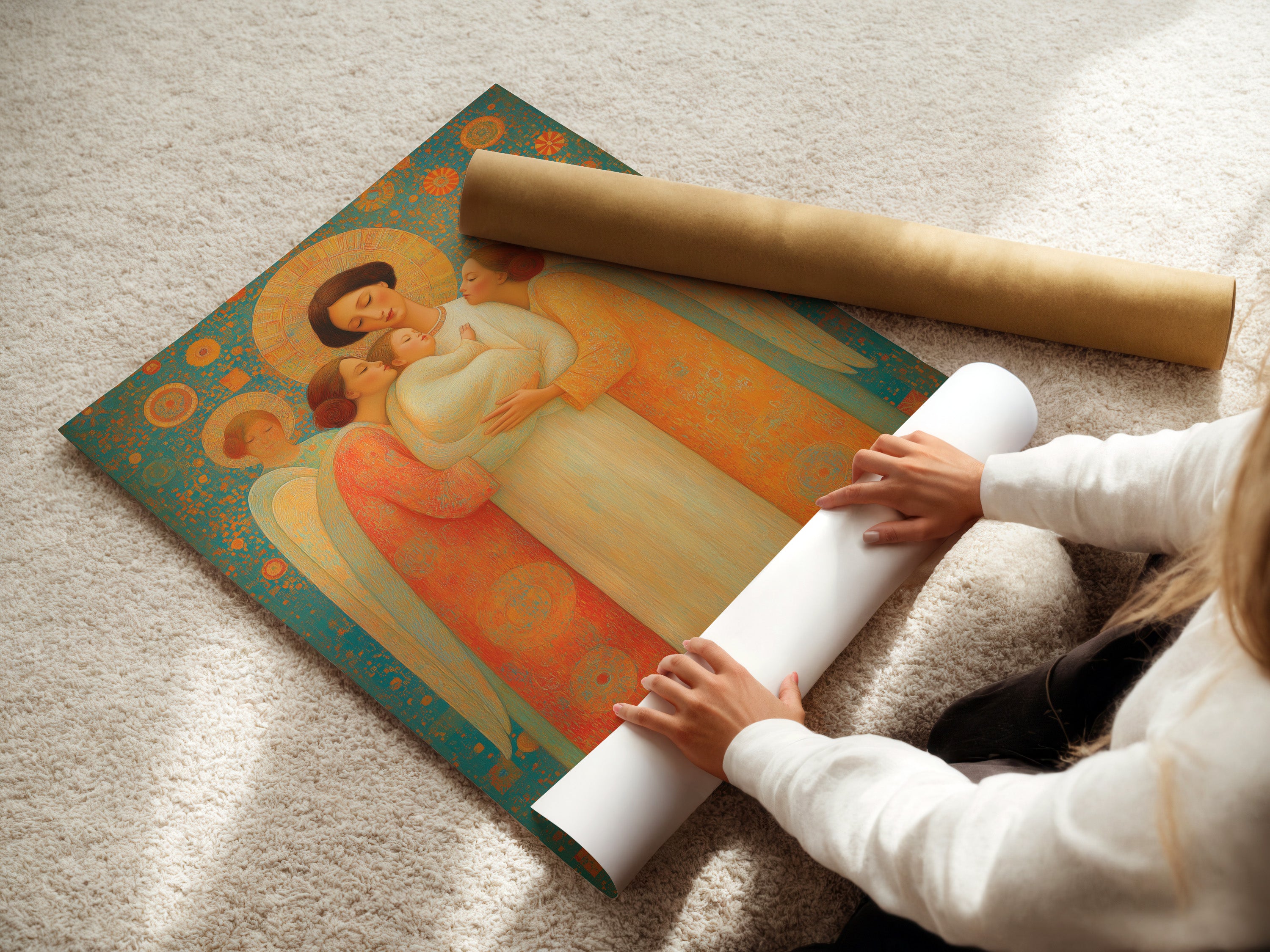 A woman carefully rolls a fine art poster paper featuring the angel family artwork. The poster paper captures the intricate details of this religious art. This spiritual artwork is perfect for any home. Add a touch of serenity to your nursery or bedroom with this sacred art. Discover the beauty of our faith wall art.