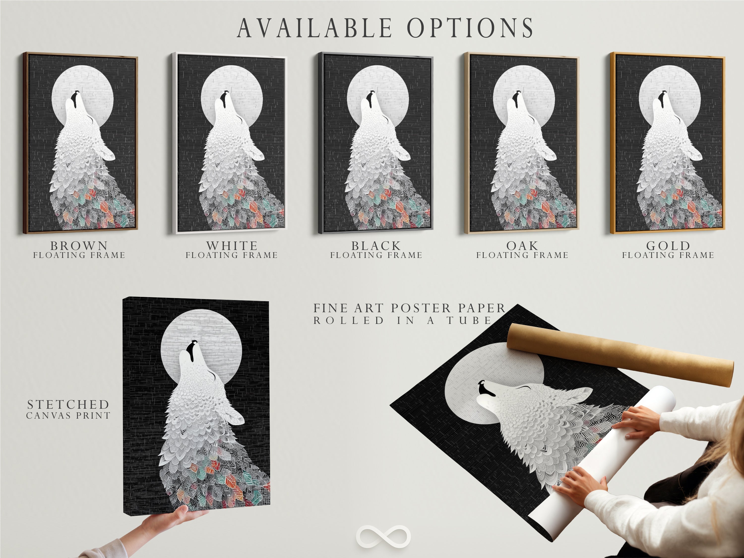 Explore the available options for this artwork. Choose between a stretched canvas print a fine art poster paper or a floating frame. The wolf howling at the moon artwork can be tailored to your preferences. Discover the perfect medium for this modern geometric art.