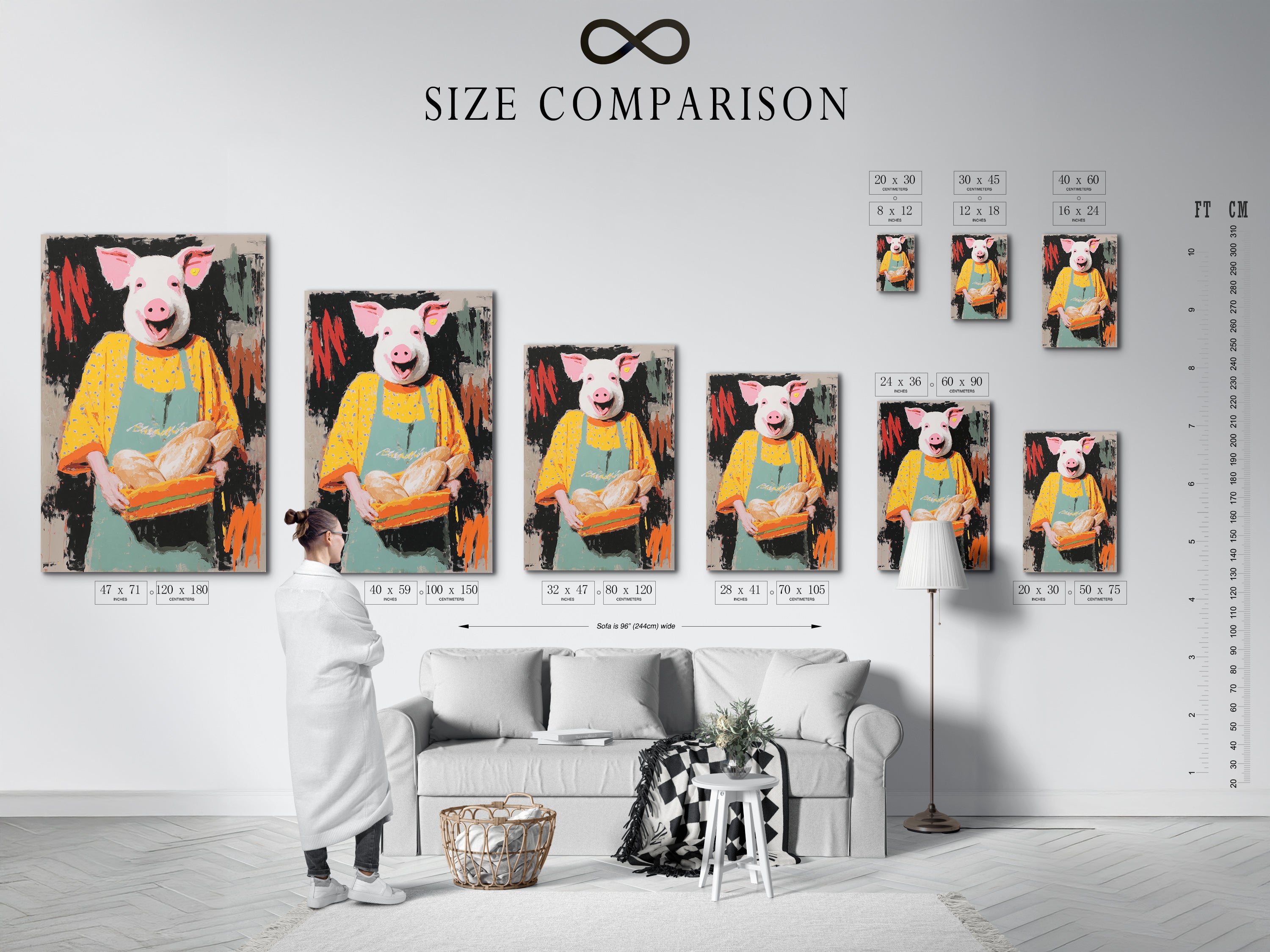 Size comparison chart displayed in an interior setting. See how the Pig Baker artwork fits in various room sizes. Visualize the impact of this pig wall art. Choose the perfect size for your space.