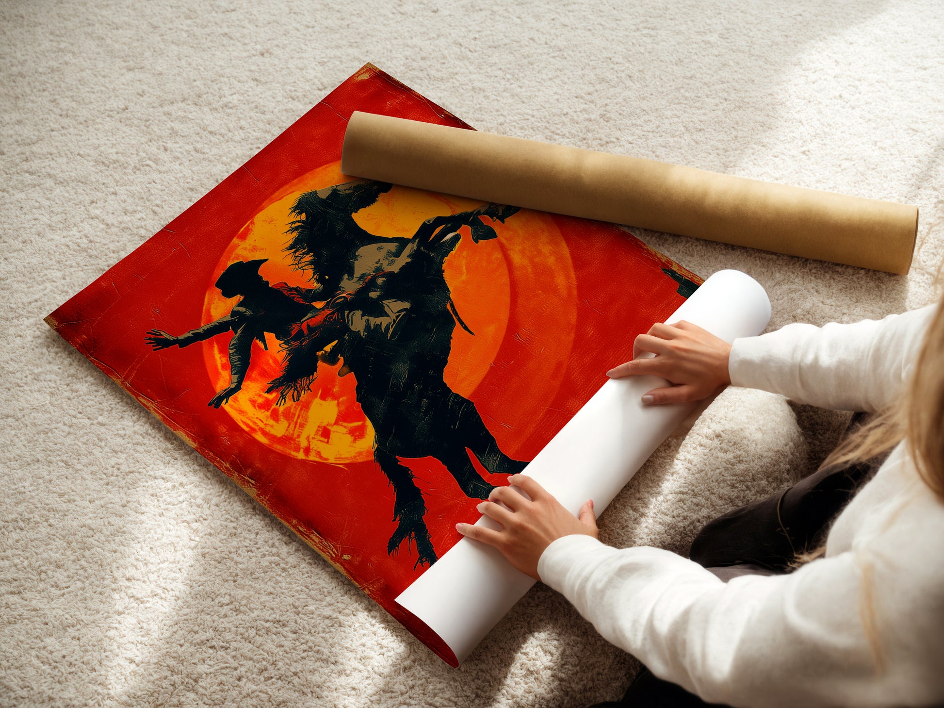 A woman is carefully rolling fine art poster paper. We use high-quality materials. We ensure your artwork arrives in perfect condition. Order your artwork with confidence. We guarantee satisfaction