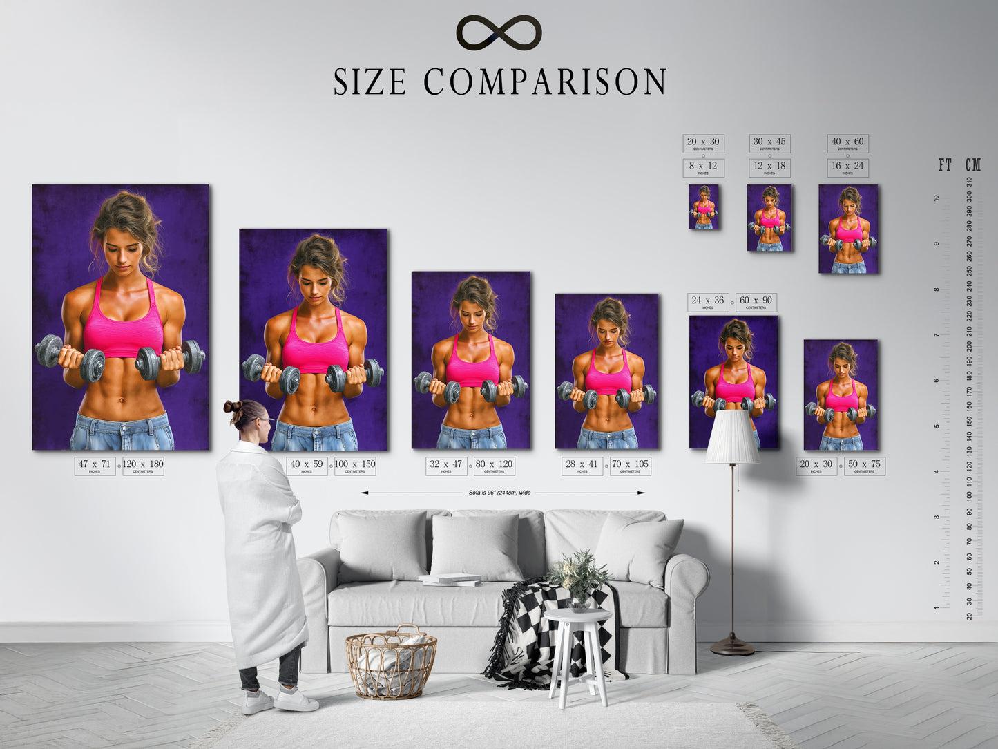Size comparison chart displayed in an interior setting. Illustrating how the fitness woman artwork fits various spaces. Choose the perfect dimensions for your home gym or fitness studio.