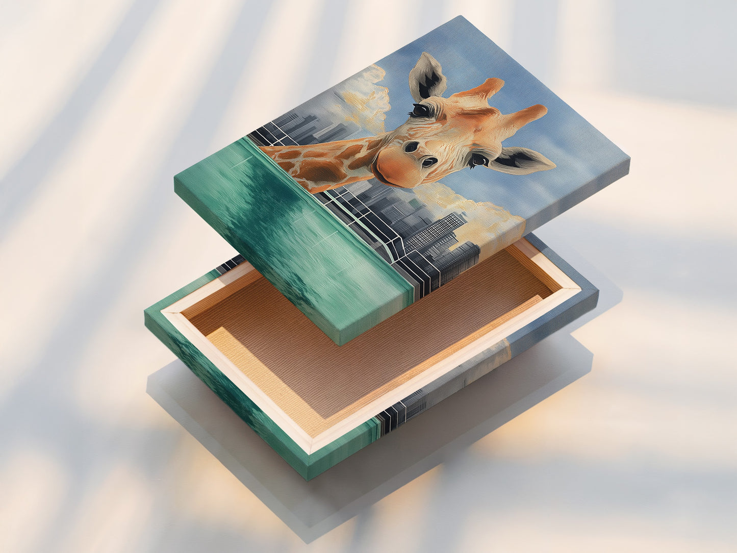 A stretched canvas print showcases the delightful giraffe skyline artwork. The canvas texture enhances the playful nature of this animal print making it a captivating focal point in any room.