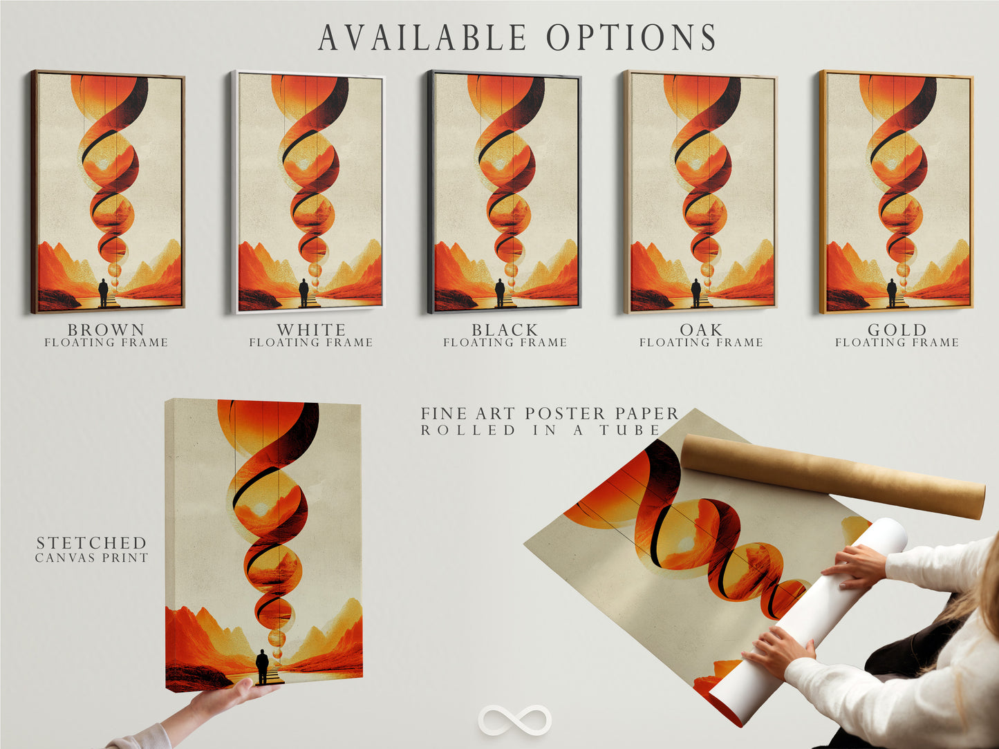 Available options for abstract geometric artwork. The options include stretched canvas print fine art poster and floating frame. The artwork showcases orange and beige colors. Choose the perfect format for your style. Ideal for modern minimalist and eclectic interiors. Enhance your living room bedroom or office. Elevate your artwork today.