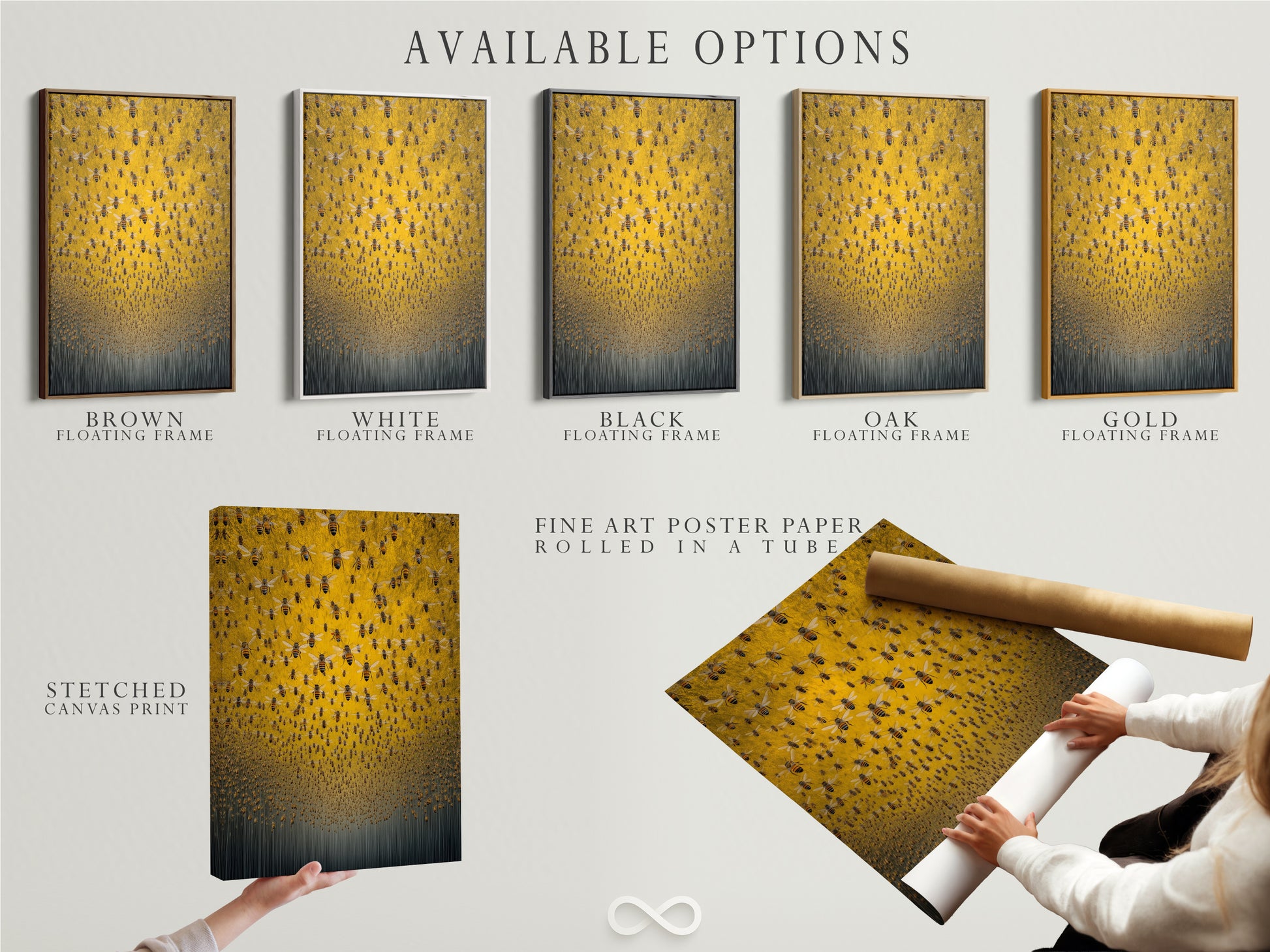 Explore the available options for your gold and gray artwork. Choose from a stretched canvas print a fine art poster paper or a floating frame. Each option offers a unique way to display your bee artwork. Consider your style and decor when making your choice. Find the perfect fit for your insect art.