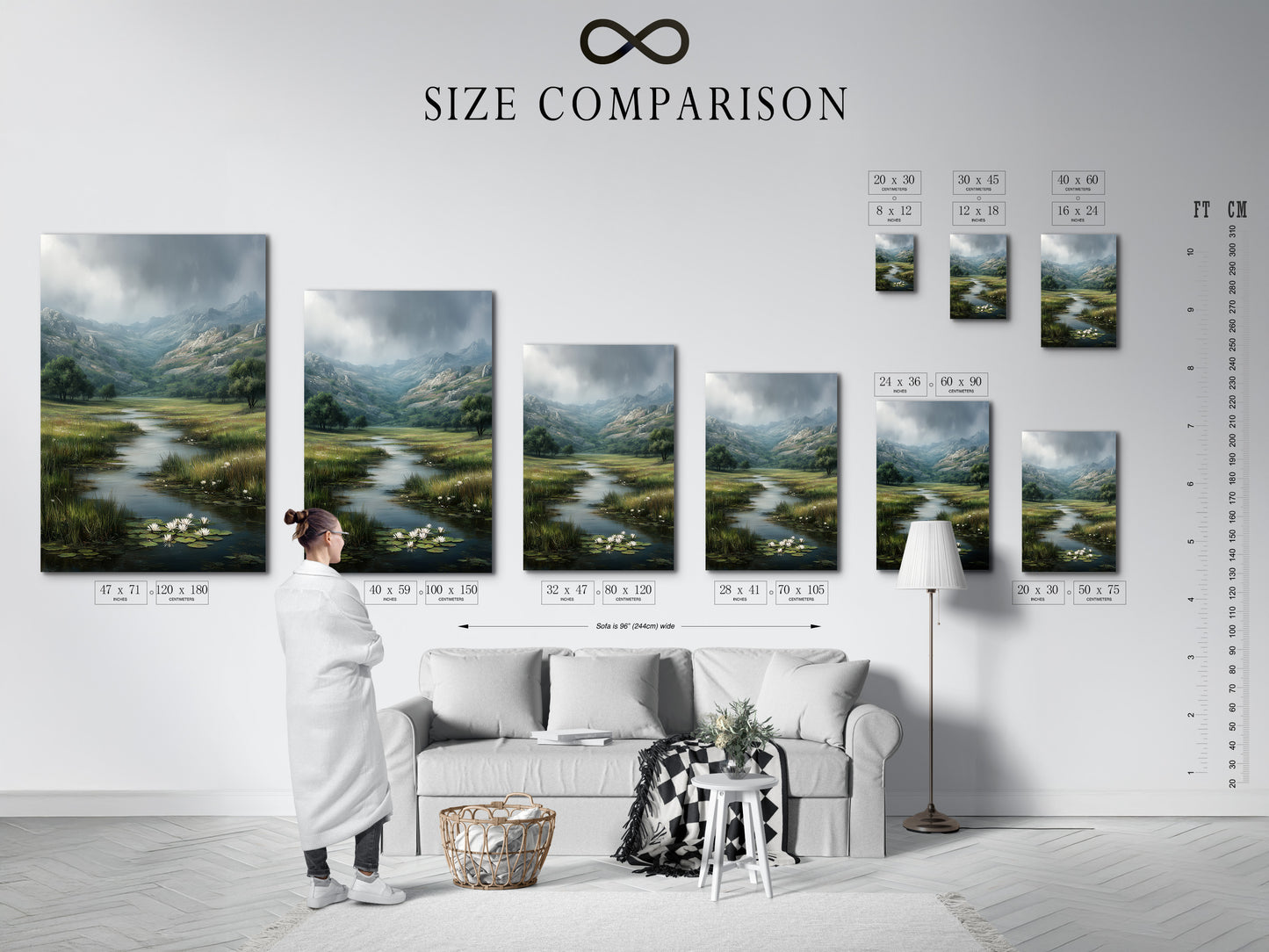 Size comparison chart displayed in an interior setting. It helps visualize different artwork sizes in a room. This allows customers to choose the perfect dimensions. It ensures the artwork fits their space and complements their decor. A helpful tool for making informed art purchases.