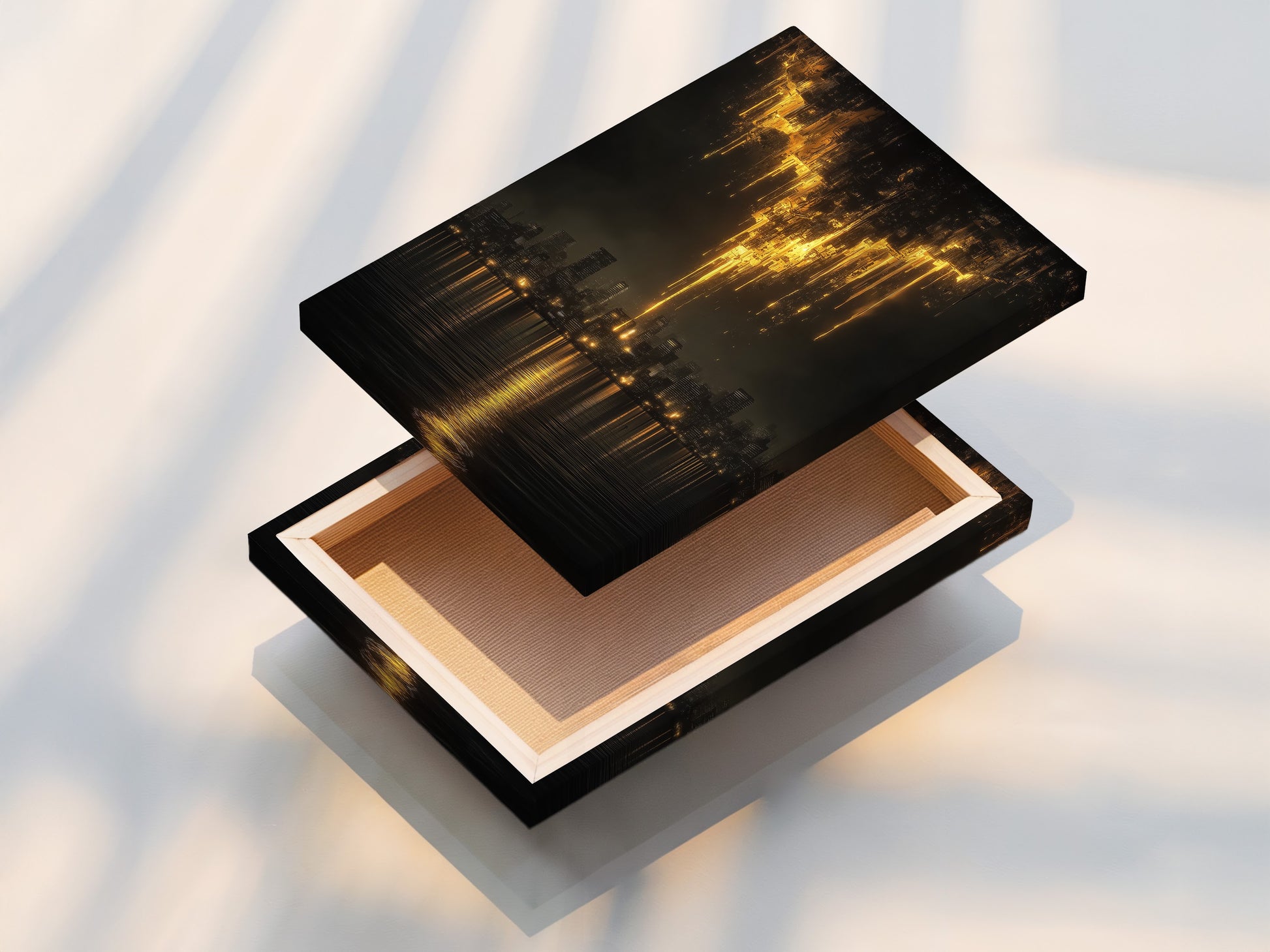 This is a stretched canvas print of the golden city skyline artwork. This urban canvas print is ready to hang. It adds a touch of sophistication to any space. Perfect for modern office art and abstract skyline art. The stretched canvas enhances the moody cityscape.