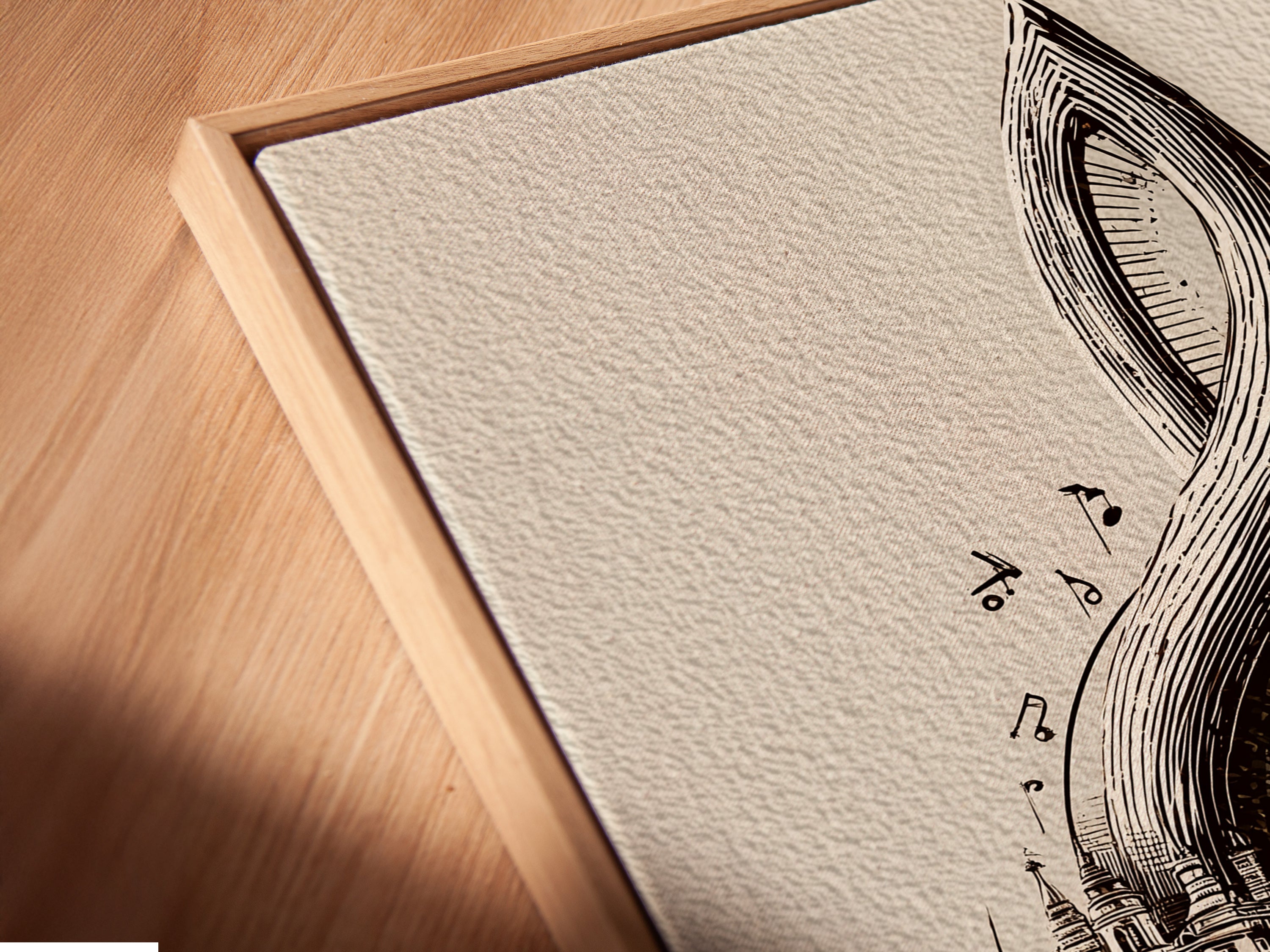 Close-up of a canvas print featuring treble clef art in a floating frame. The floating frame gives the music city art a modern look. Ideal music themed decor for a contemporary space. A unique gift for composers and music enthusiasts.