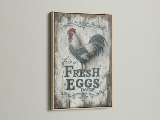 Rooster artwork in an oak frame. This vintage farmhouse kitchen art is perfect for country home decor. The Fresh Eggs Daily sign adds rustic charm. Great for kitchens and dining rooms. It enhances any country style.