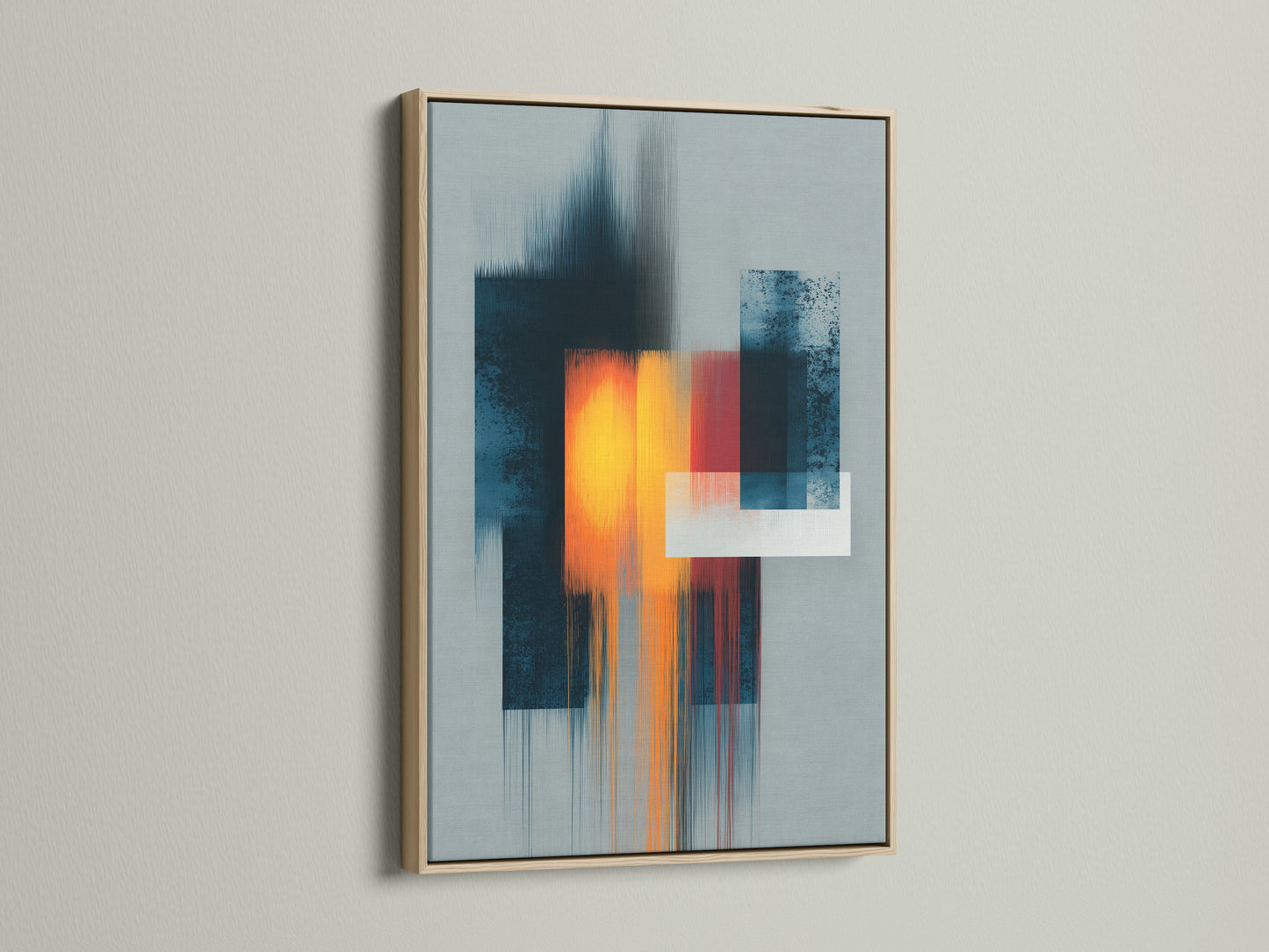 Abstract artwork in an oak frame is displayed against a neutral wall. The frame's natural wood grain enhances the art's modern aesthetic. This piece adds warmth and sophistication to any room. Discover the beauty of framed art.