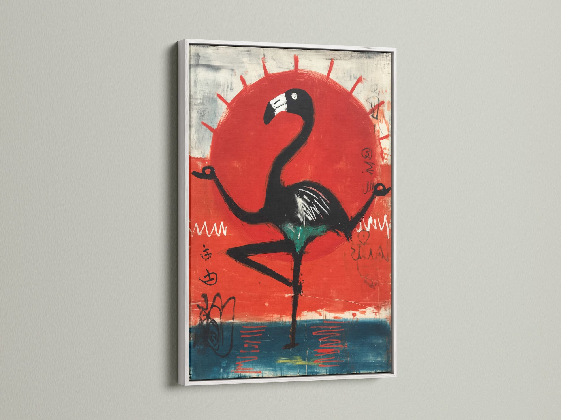 A white frame adds a clean touch to contemporary bird artwork. The flamingo art print pops against the neutral background. This frame highlights the vibrant red sun canvas art. Brighten your bedroom decor with modern wall art. The white frame suits minimalist or Scandinavian styles.