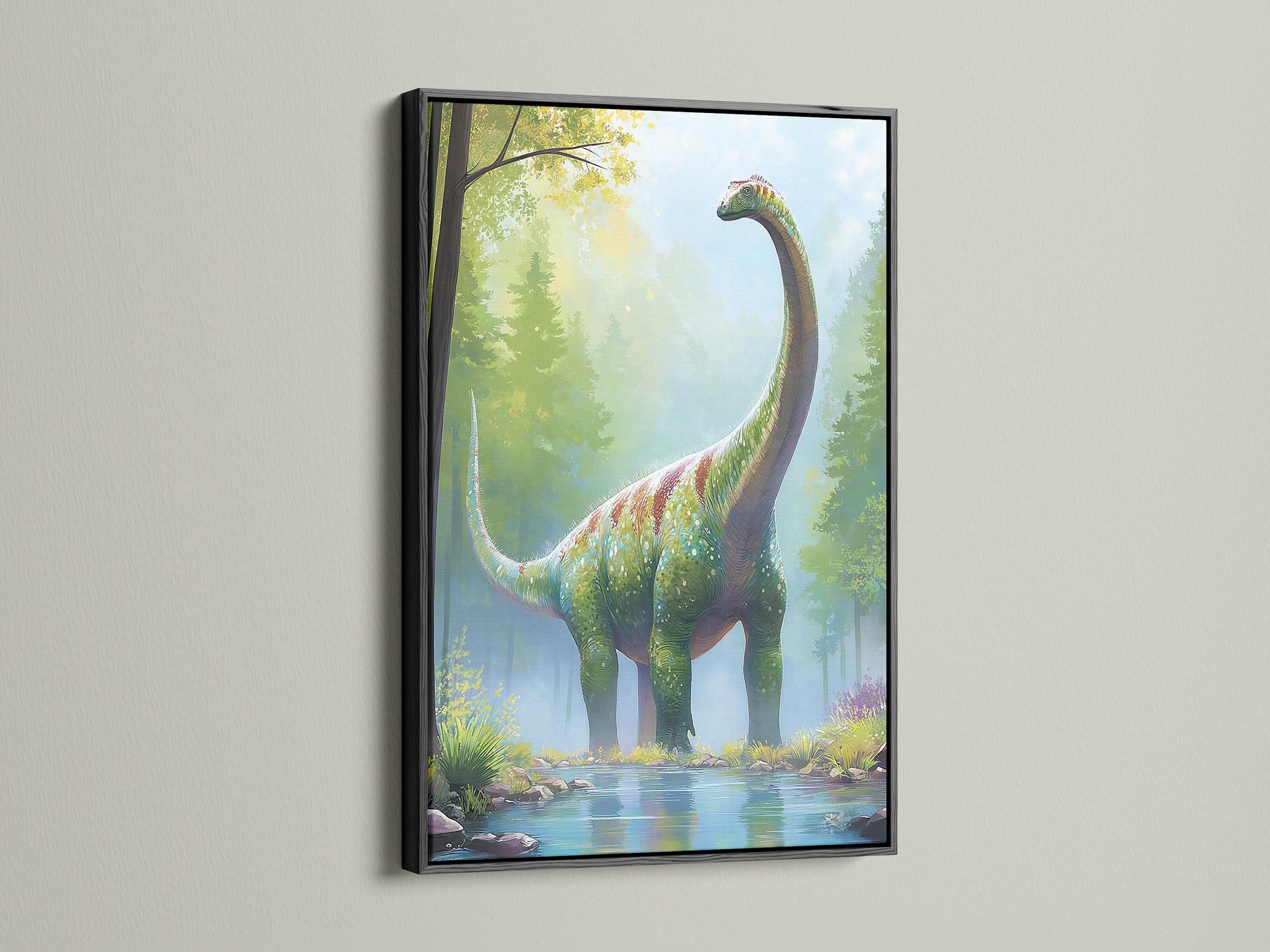 A dinosaur art print is elegantly displayed in a black frame. Black frames provide a classic and sophisticated touch. This frame enhances the artwork's contrast and depth. Shop black-framed art prints now
