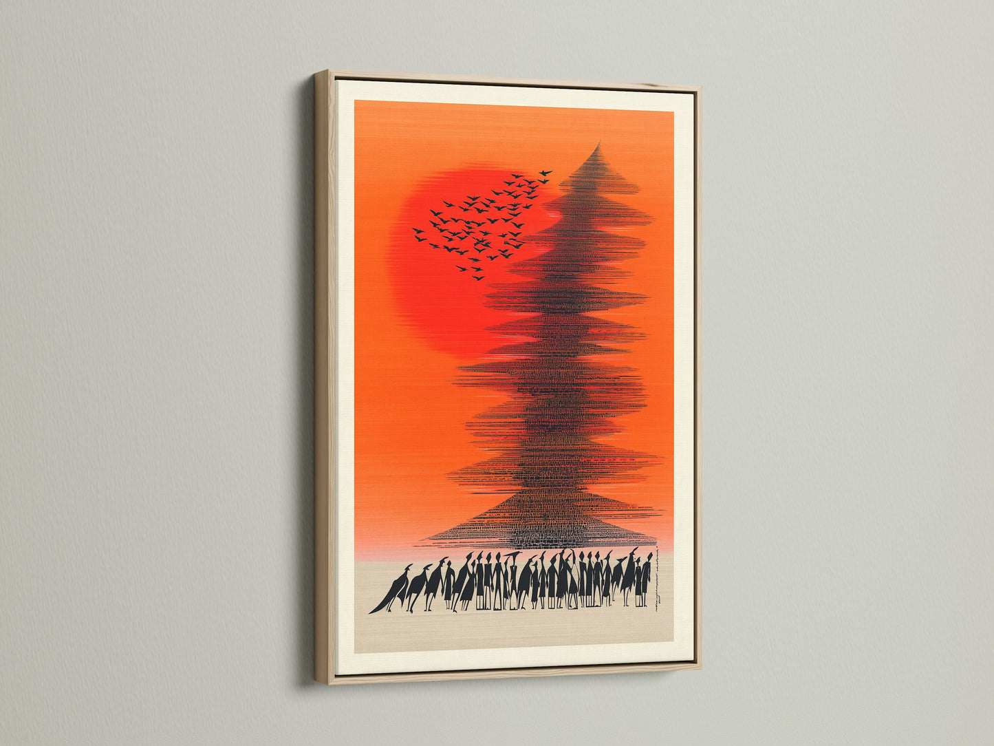 Abstract Sunset artwork with birds and people in an oak frame. This orange sky artwork is ideal for minimalist decor. Perfect for living rooms bedrooms and offices. Add a touch of contemporary art to your space.