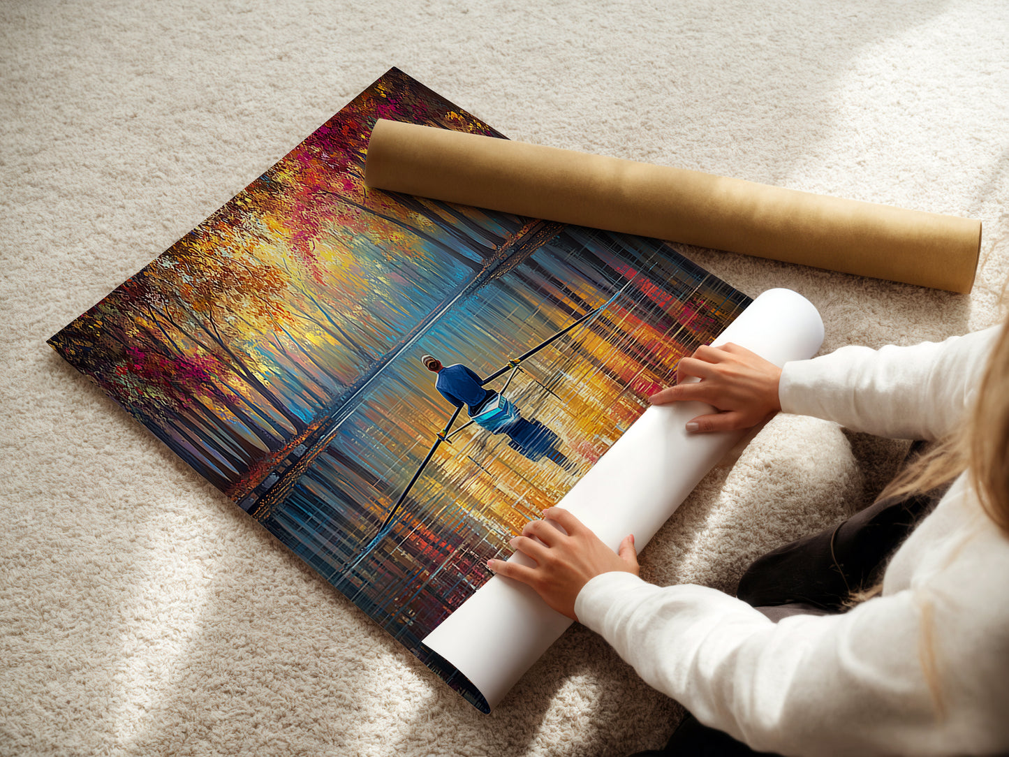 A woman is carefully rolling a fine art poster paper. The poster features a stunning rowing scene. The fine art paper enhances the artwork's colors and details. Perfect for creating high-quality prints of your favorite art. This poster paper ensures a professional finish.
