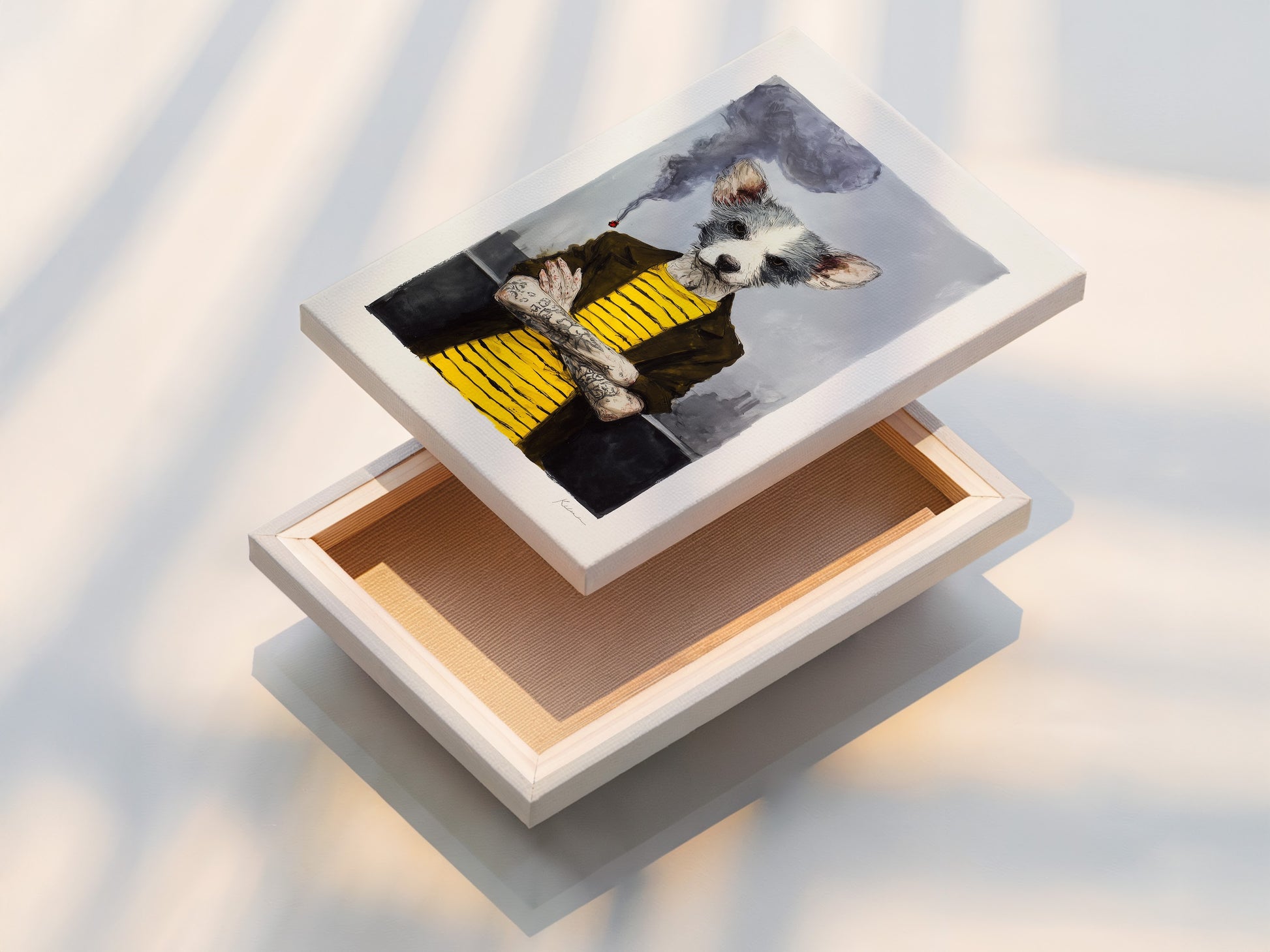 This stretched canvas print showcases quirky dog portrait art. The anthropomorphic animal canvas is ready to hang and enjoy. Its stretched format ensures a gallery-quality presentation. Ideal for those seeking whimsical wall art and modern pet art. The artwork features primary color yellow and secondary color grey.