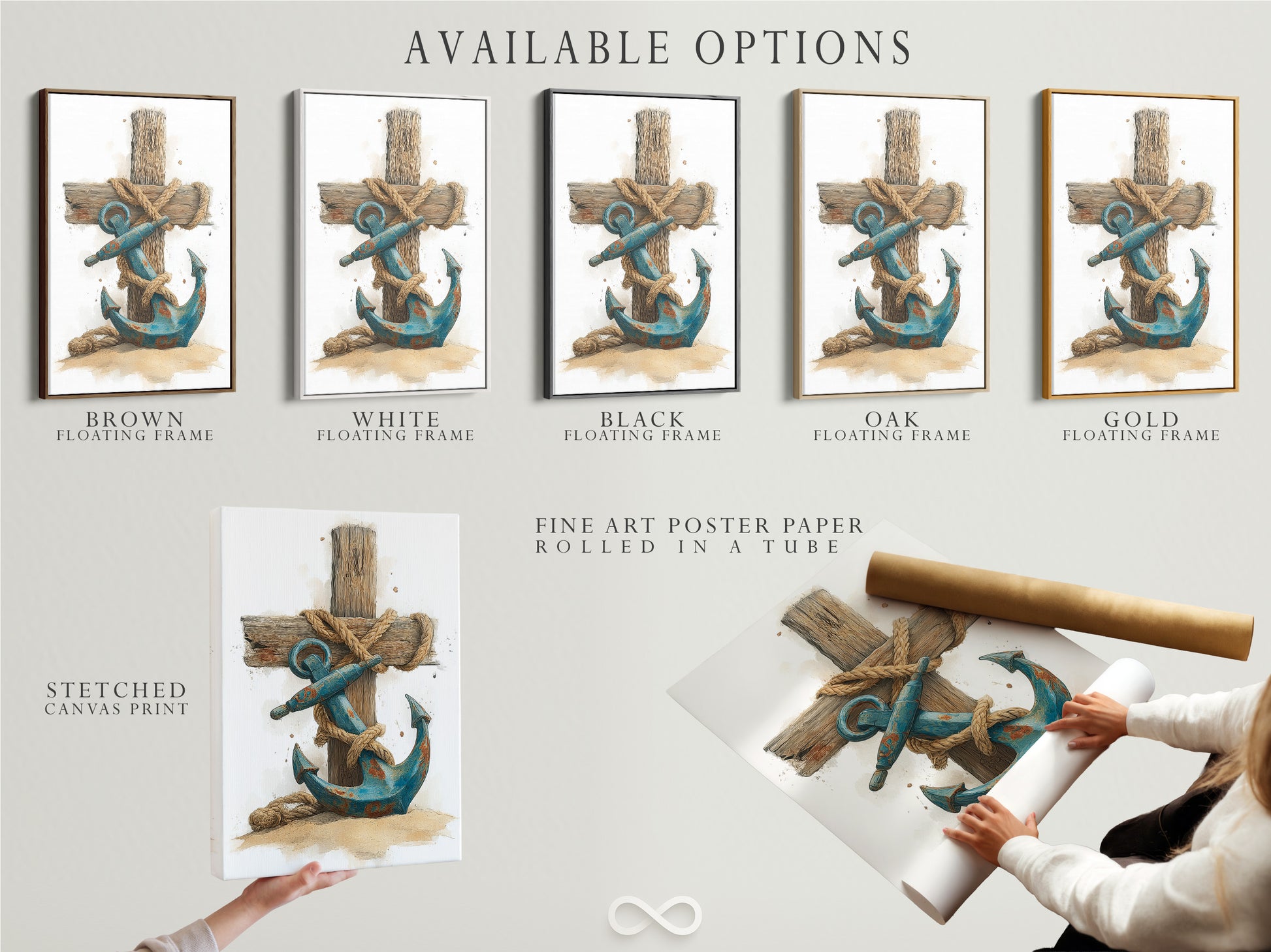 Explore available options for this artwork. Choose from a stretched canvas print. Select a fine art poster paper. Consider a floating frame to enhance your art. The art features a blue anchor. It is wrapped in rope against a wooden cross.