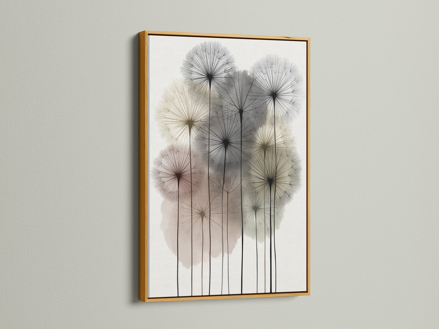 Dandelion artwork in a gold frame. This botanical print radiates elegance. It is a modern floral canvas for sophisticated bedroom wall decor. The neutral wall art adds a touch of luxury. It is perfect flower art to brighten any space. It complements scandi decor.