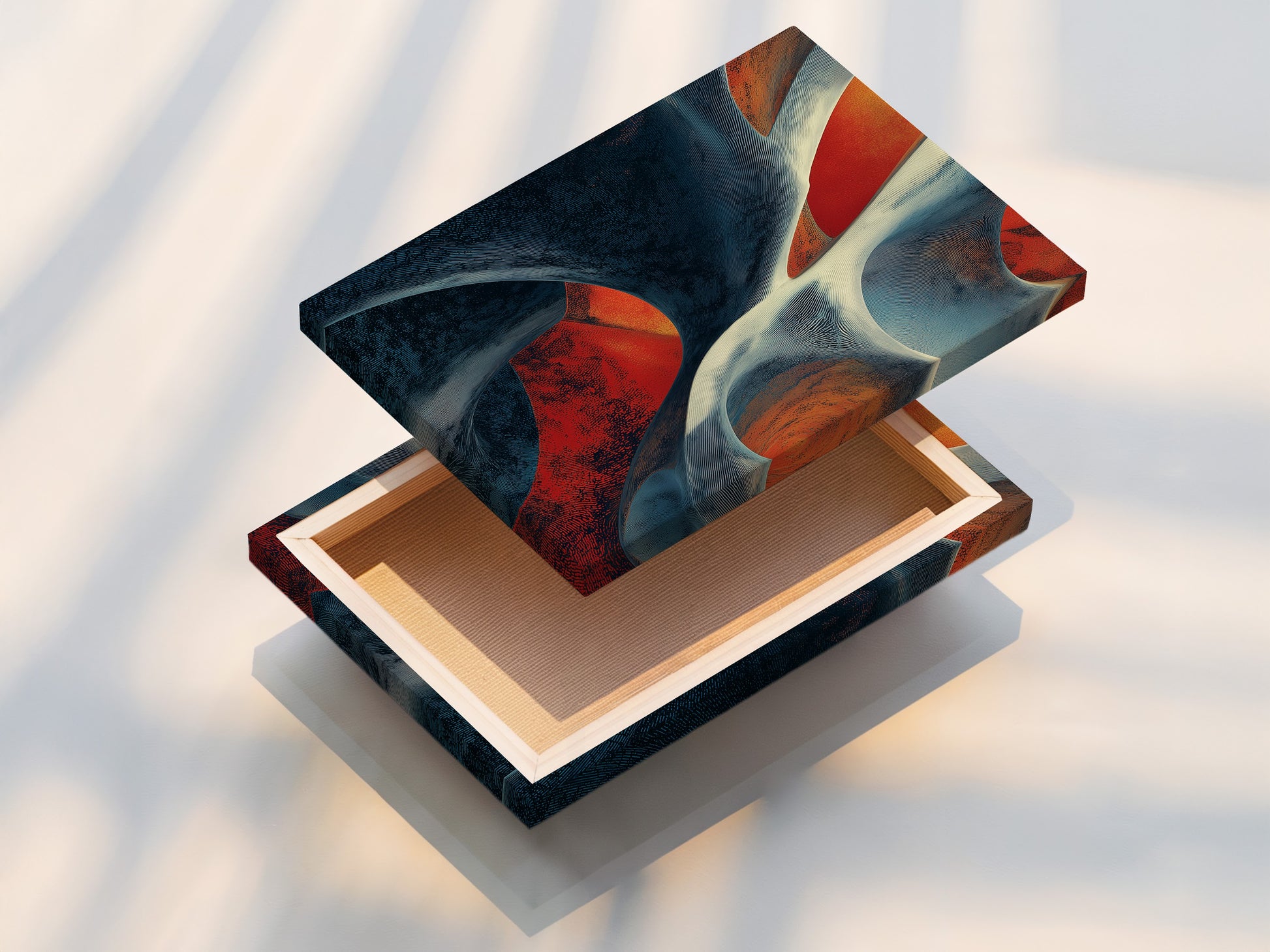 A stretched canvas print is displayed. The canvas is tightly stretched over a wooden frame. The print features vivid colors and intricate details. Ready to hang this canvas print adds style to any room.