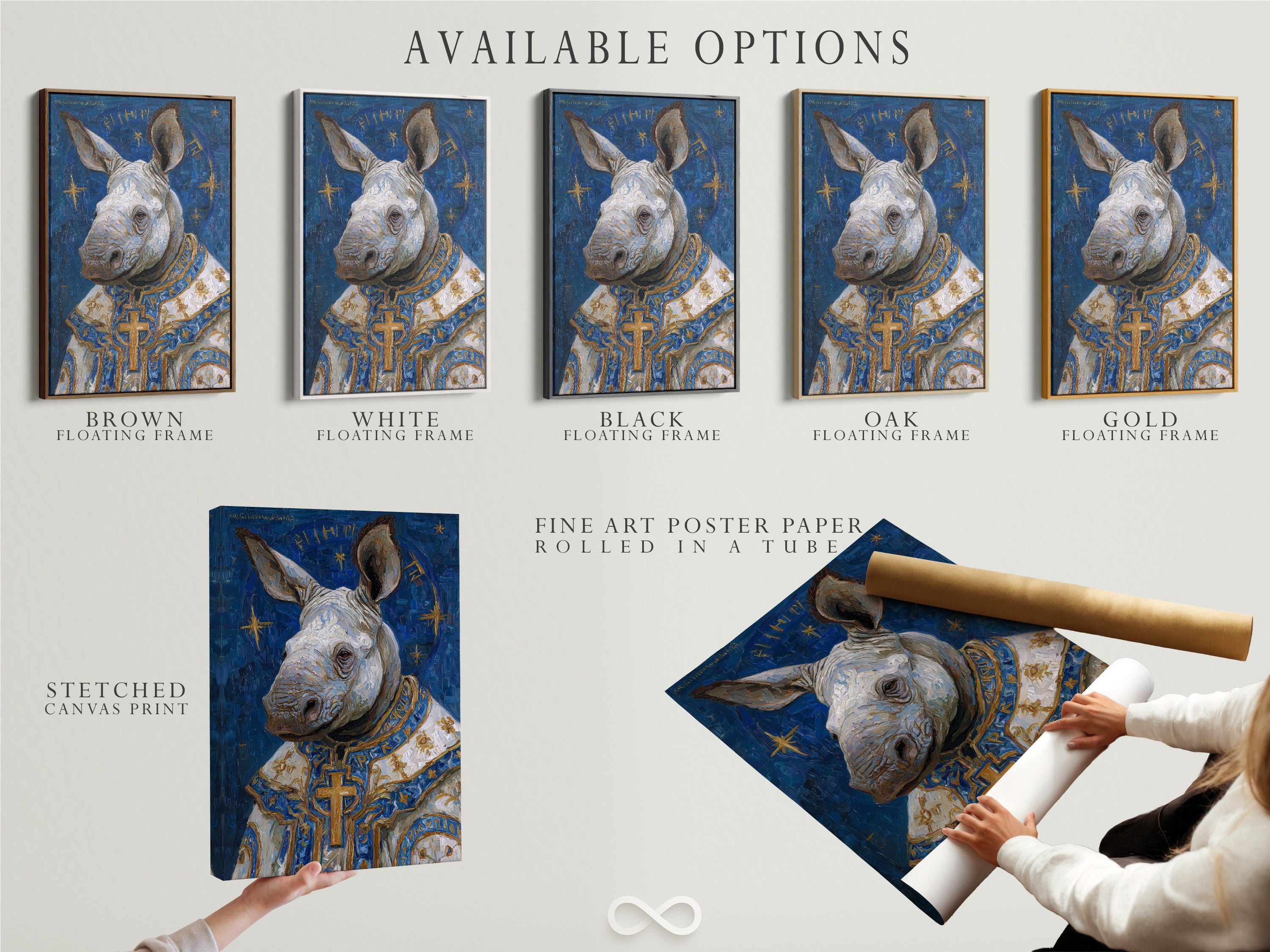 Available options for the rhino pope art print: stretched canvas fine art poster paper and floating frame. Choose the perfect format to match your style. This surreal animal art is perfect for adding a touch of ecclesiastical art to your home.