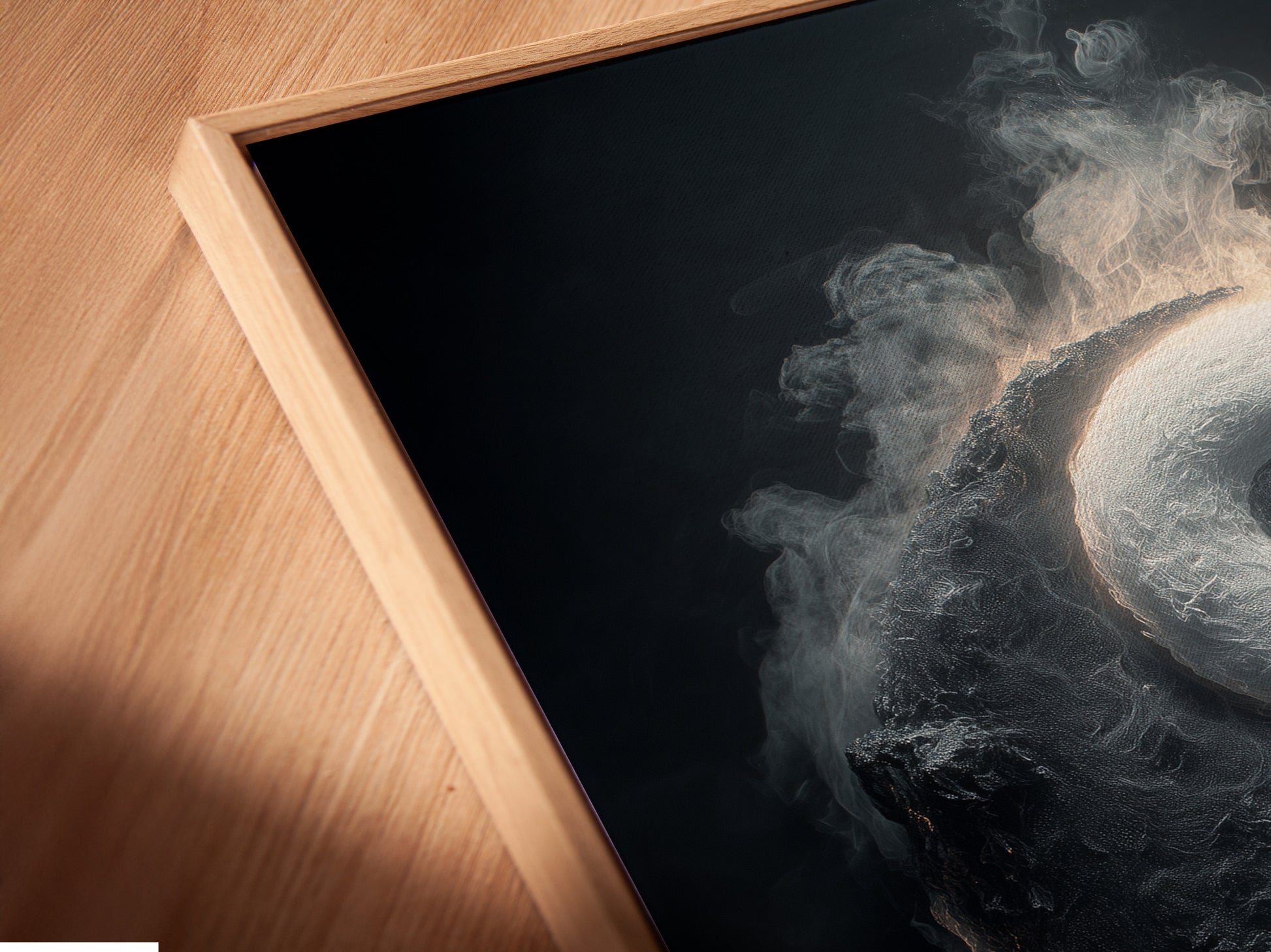 A close-up of a canvas print in a floating frame. The floating frame adds depth and dimension to the artwork. It creates a gallery-like display in your home. This modern framing style enhances any piece. Showcase your art with framed canvas prints.