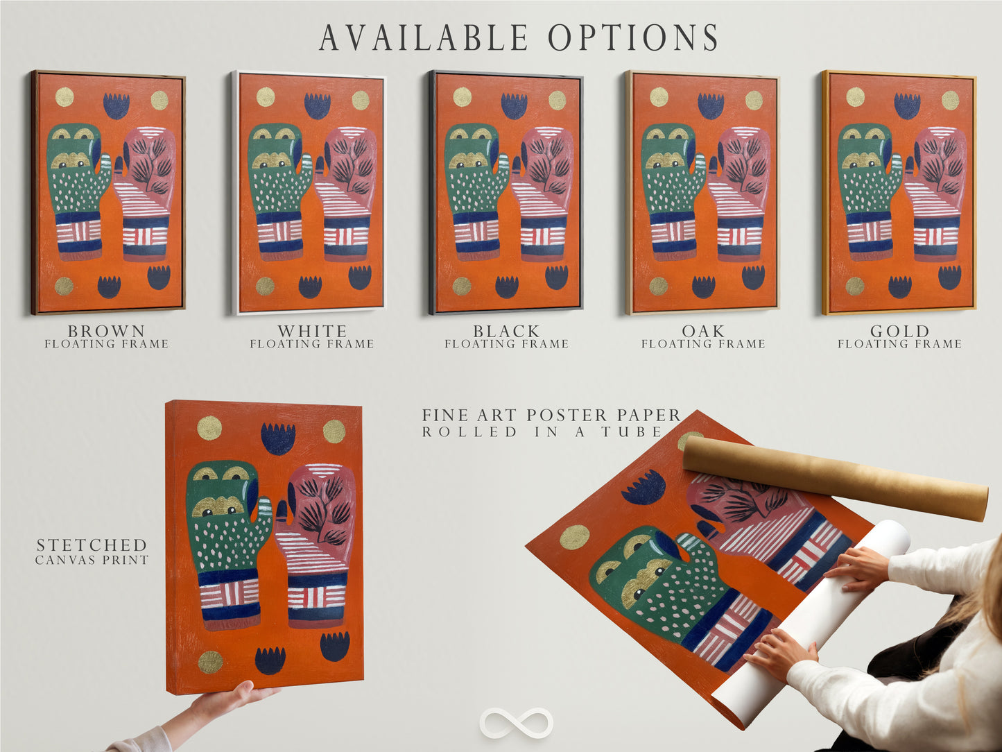 Available options include a stretched canvas print fine art poster paper and floating frame. The abstract hands artwork offers versatile display choices. Choose the perfect format to suit your style and space. Options for colorful graphic artwork and modern folk art details are available. Enhance your decor with this unique art print.