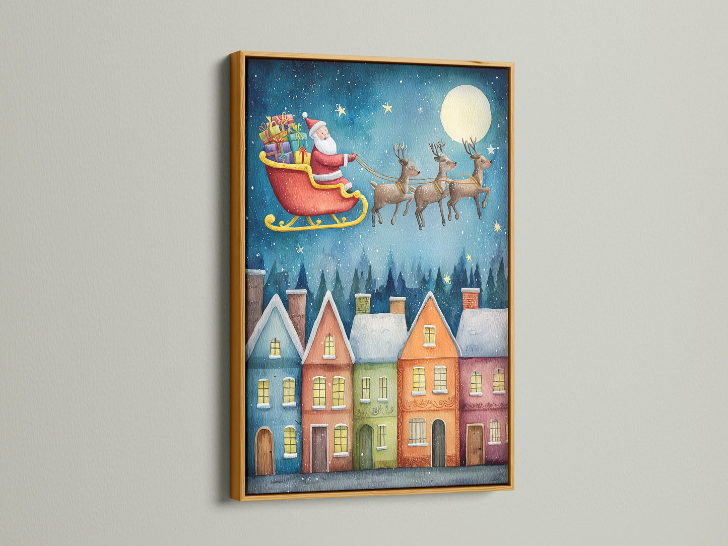Santa's Flight artwork in a gold frame. This Christmas Eve wall art adds a touch of elegance to your holiday decor. The xmas canvas print brings a festive and whimsical feel to any space. This holiday decor is ideal for kids' rooms or creating a festive atmosphere.