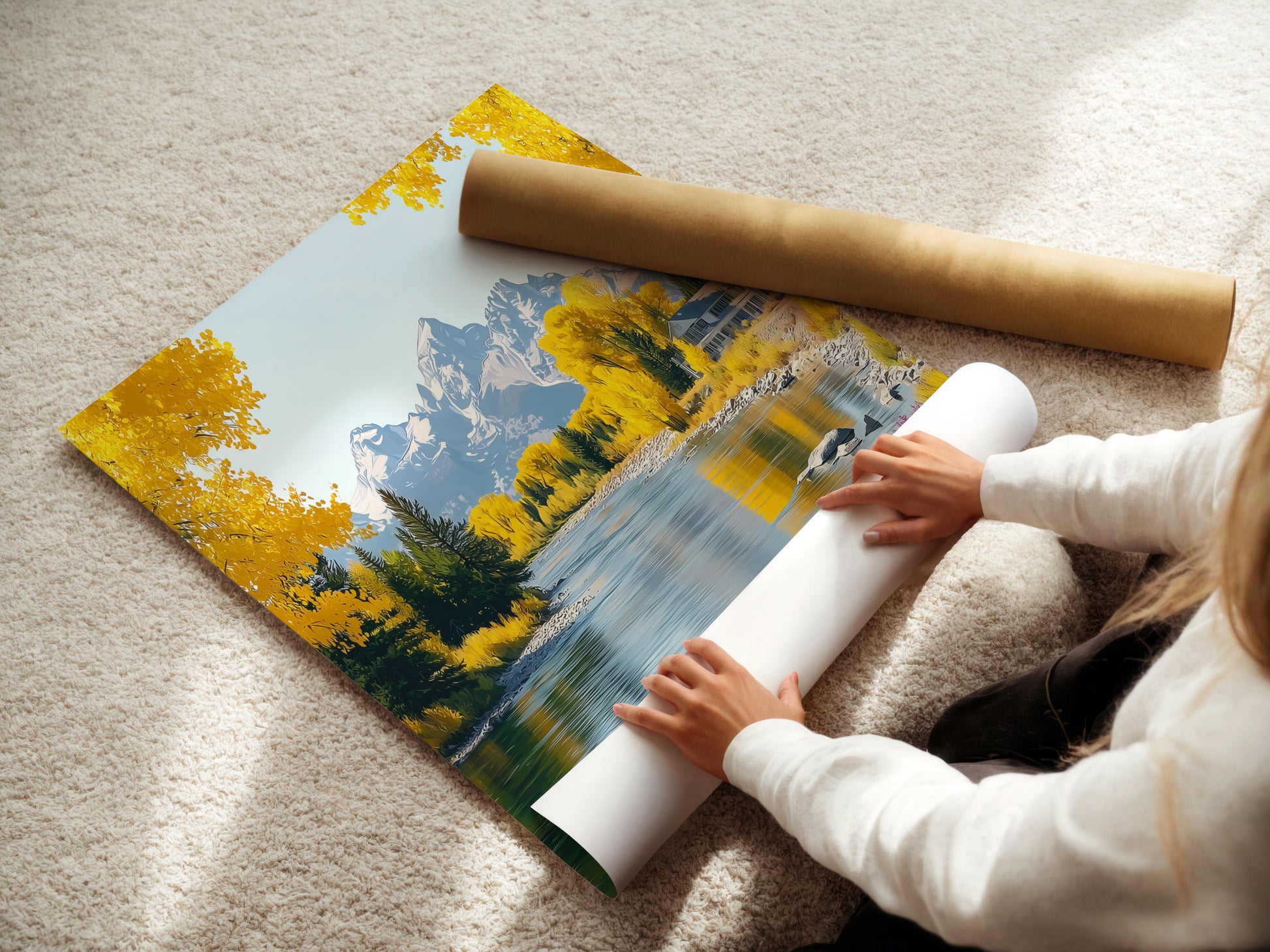 A woman is carefully rolling a fine art poster paper. This paper will be used to create a mountain river artwork. The autumn landscape features yellow trees. High-quality materials ensure a stunning nature print for your home decor.