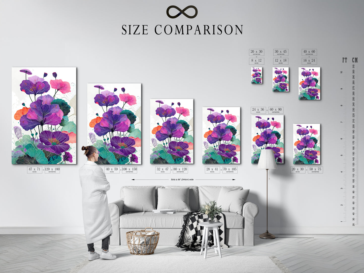 A size comparison chart displayed in an interior setting. See how our floral canvas artwork fits perfectly in your space. Choose the ideal size for your bedroom wall decor. Visualize the impact of our purple flower art. Find the perfect botanical print to enhance your home today with flower art print.