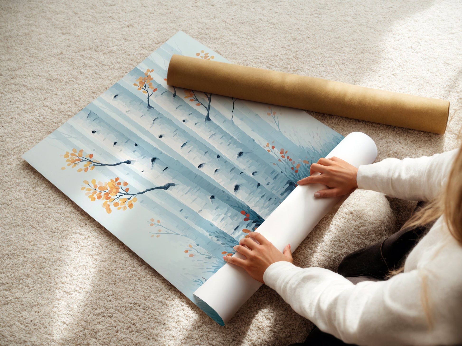 Woman rolling a fine art poster paper. High-quality materials ensure your birch tree artwork lasts. Choose fine art paper for a refined Scandinavian style nature poster for your bedroom or living space.