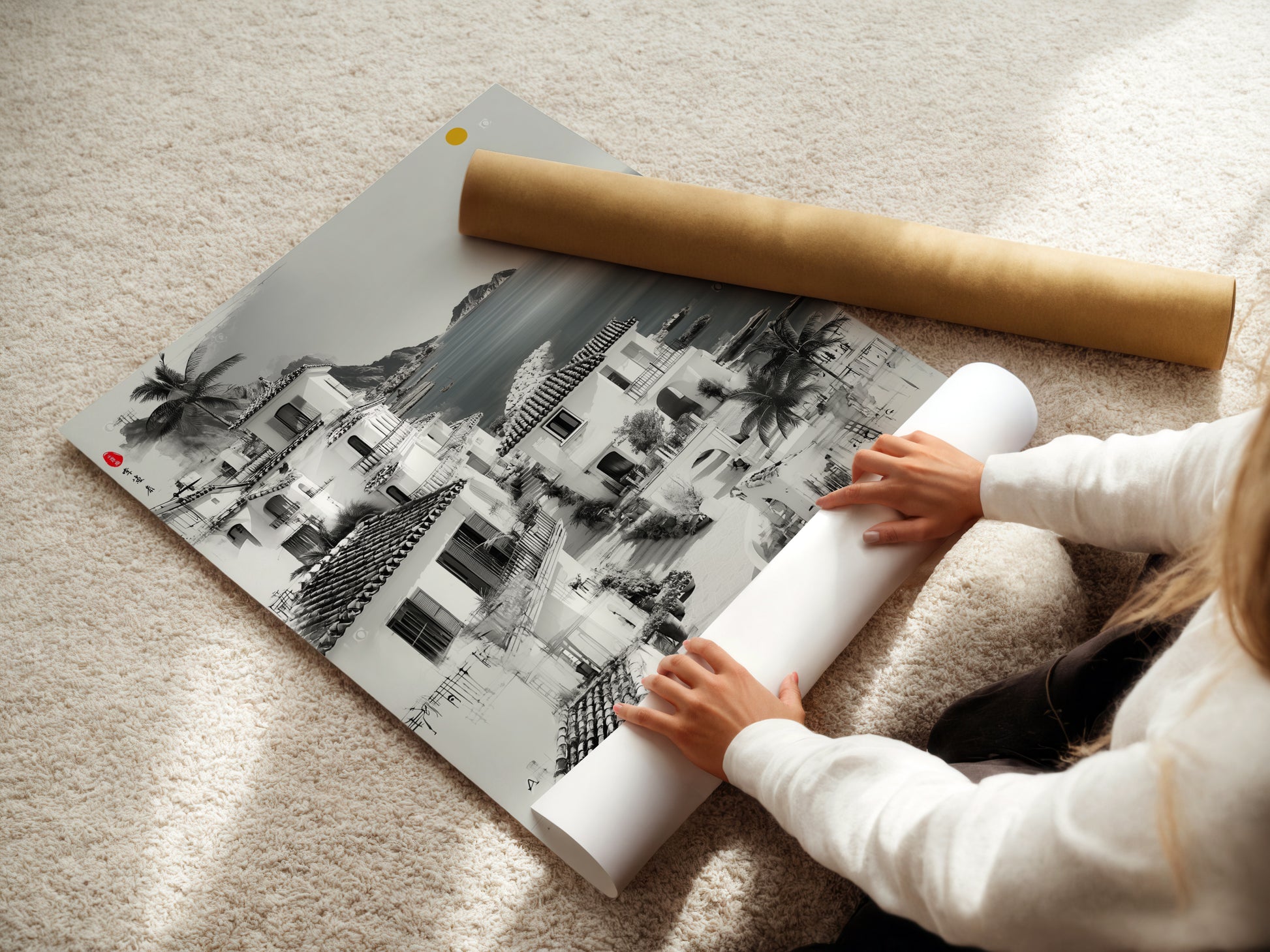 A woman is carefully rolling a fine art poster paper. The Coastal Village artwork is ready for framing. The poster offers a versatile way to display art. Perfect for creating personalized wall art.