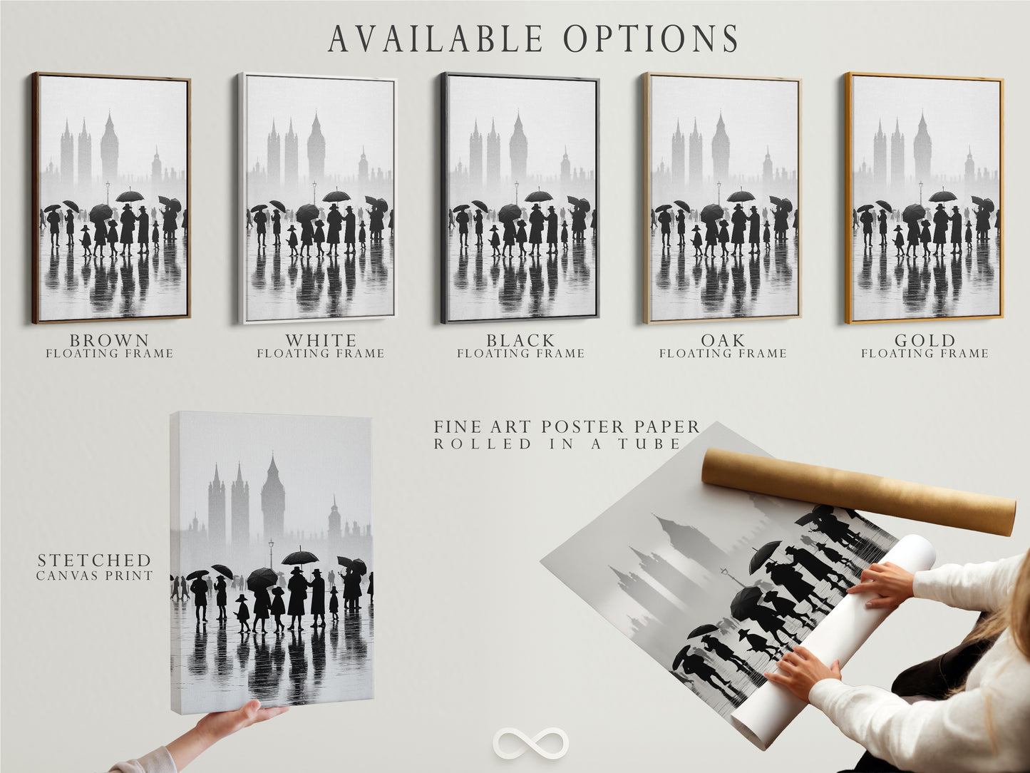 Explore our available options for your London art. Choose from stretched canvas print fine art poster paper or floating frame. Customize your black and white cityscape print to suit your style. Perfect for minimalist decor. Enhance your space with our urban photography.